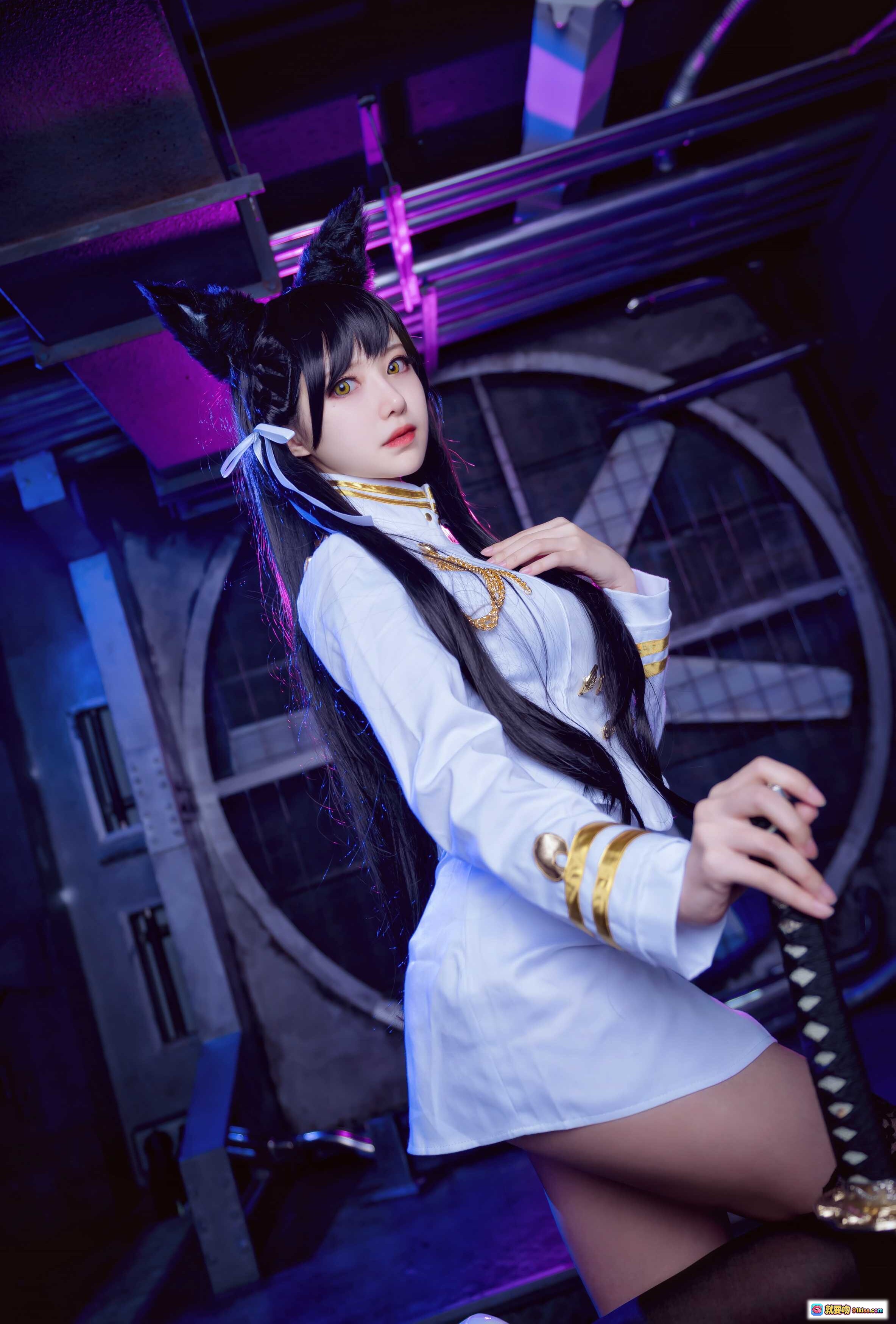 图片[1] - Shika小鹿鹿NO.070爱宕cosplay白裙猫耳少女持刀写真2020高清17P - 就要吻