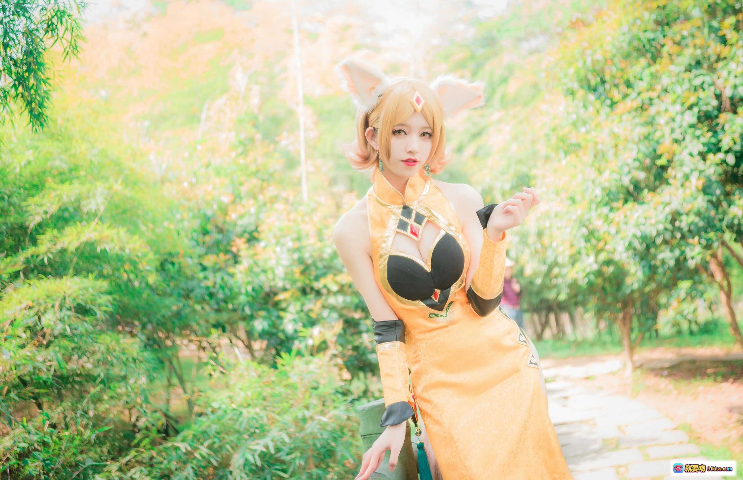 王者荣耀妲己cosplay写真 | Kettoe NO.007 9P高清美图 | 橙色旗袍兔耳造型 | 户外自然光拍摄 | 甜美性感风格 - 就要吻