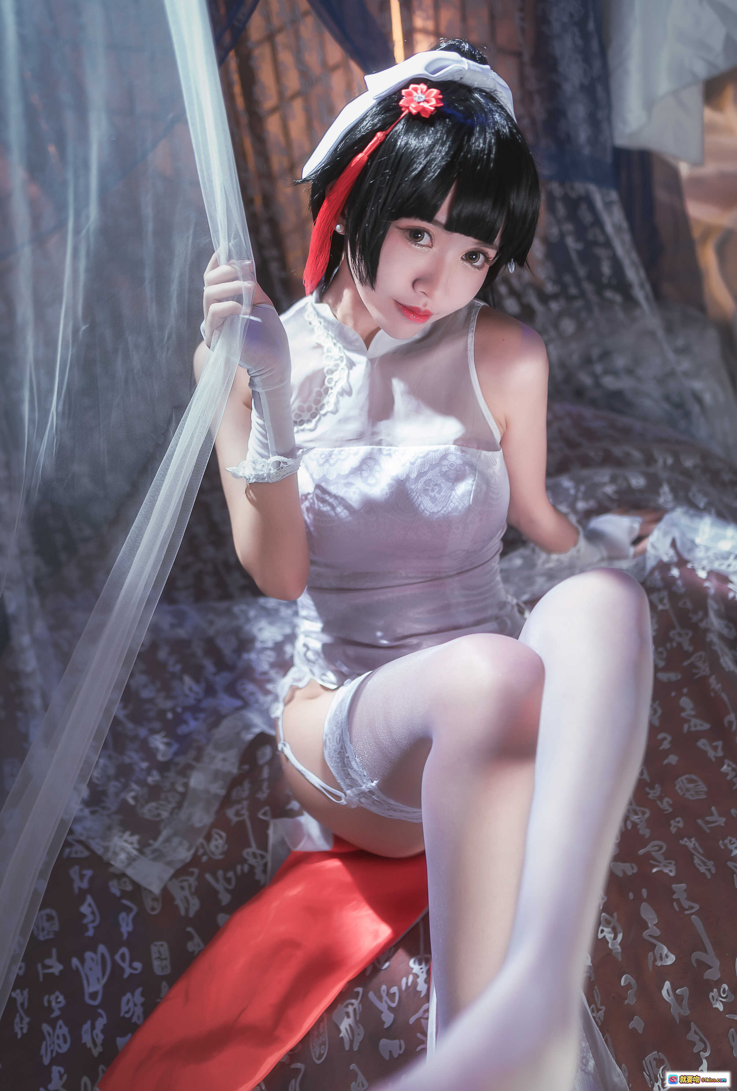 图片[8] - 鳗鱼霏儿NO.016碧蓝华裳高雄2写真集 白色蕾丝旗袍cosplay黑长直红流苏发饰性感美腿私房照 - 就要吻