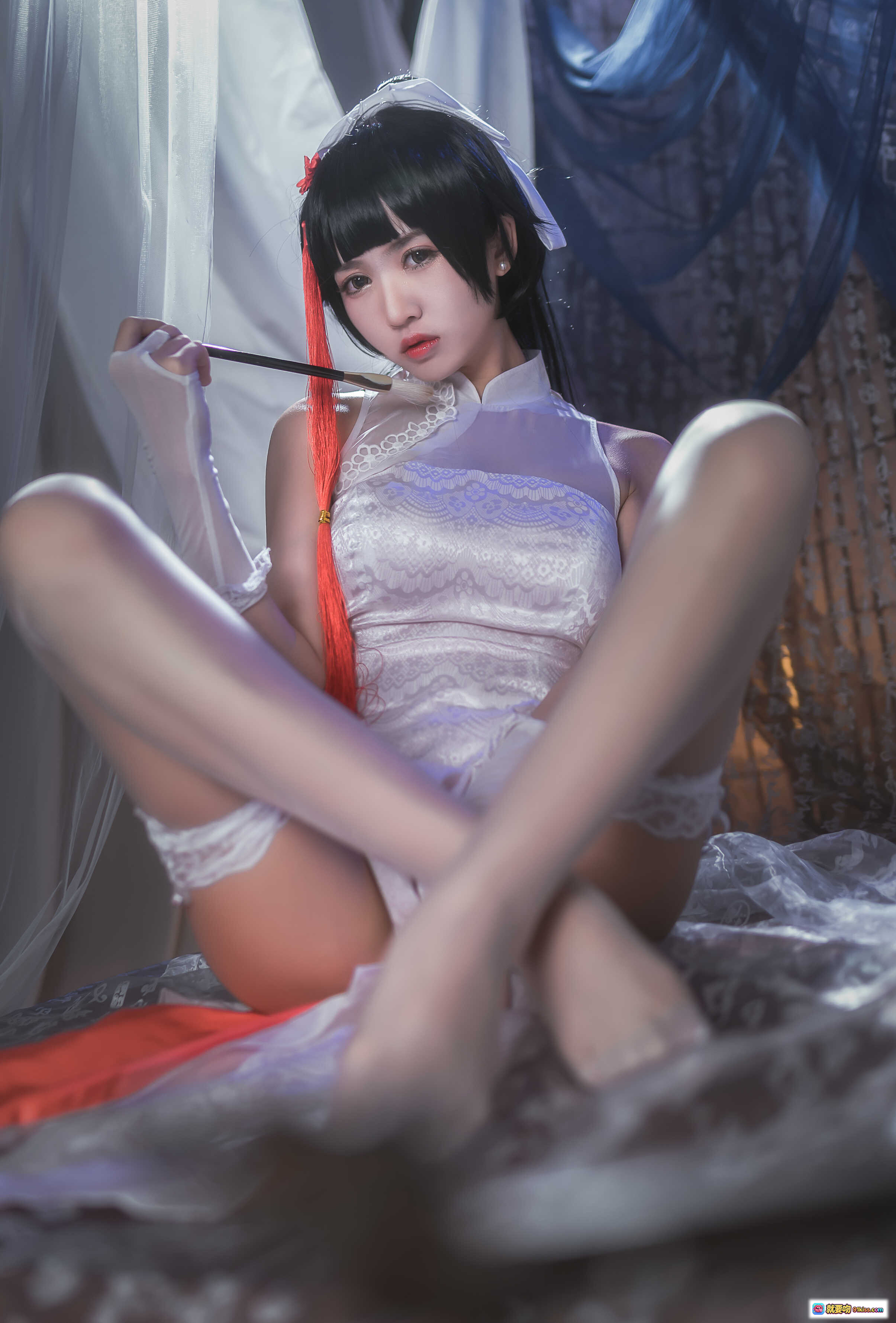 图片[5] - 鳗鱼霏儿NO.016碧蓝华裳高雄2写真集 白色蕾丝旗袍cosplay黑长直红流苏发饰性感美腿私房照 - 就要吻