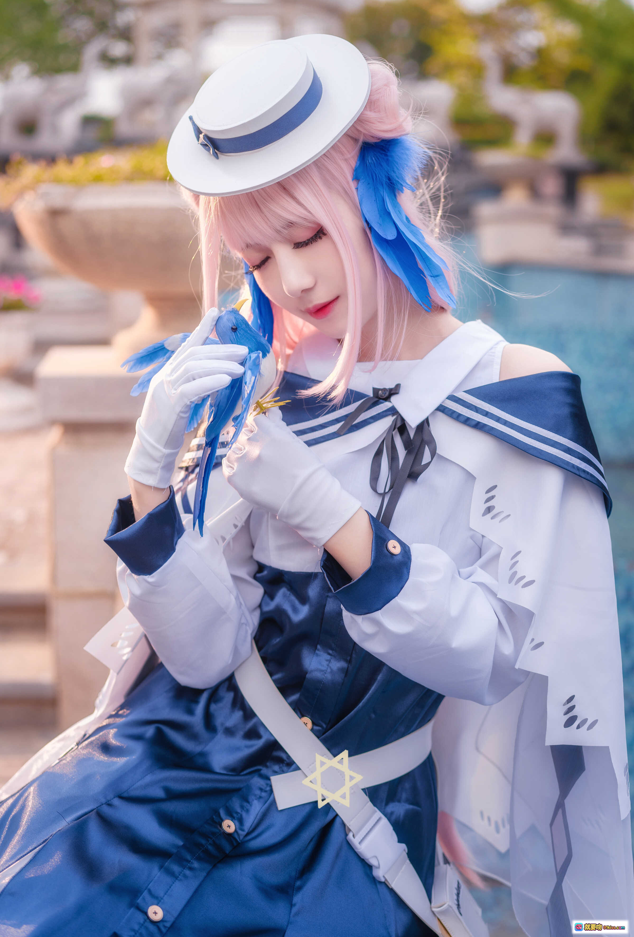 图片[2] - 弥音音NO.020明日方舟锡兰cosplay蓝粉双色发饰海军风制服水池台阶场景高清美图 - 就要吻