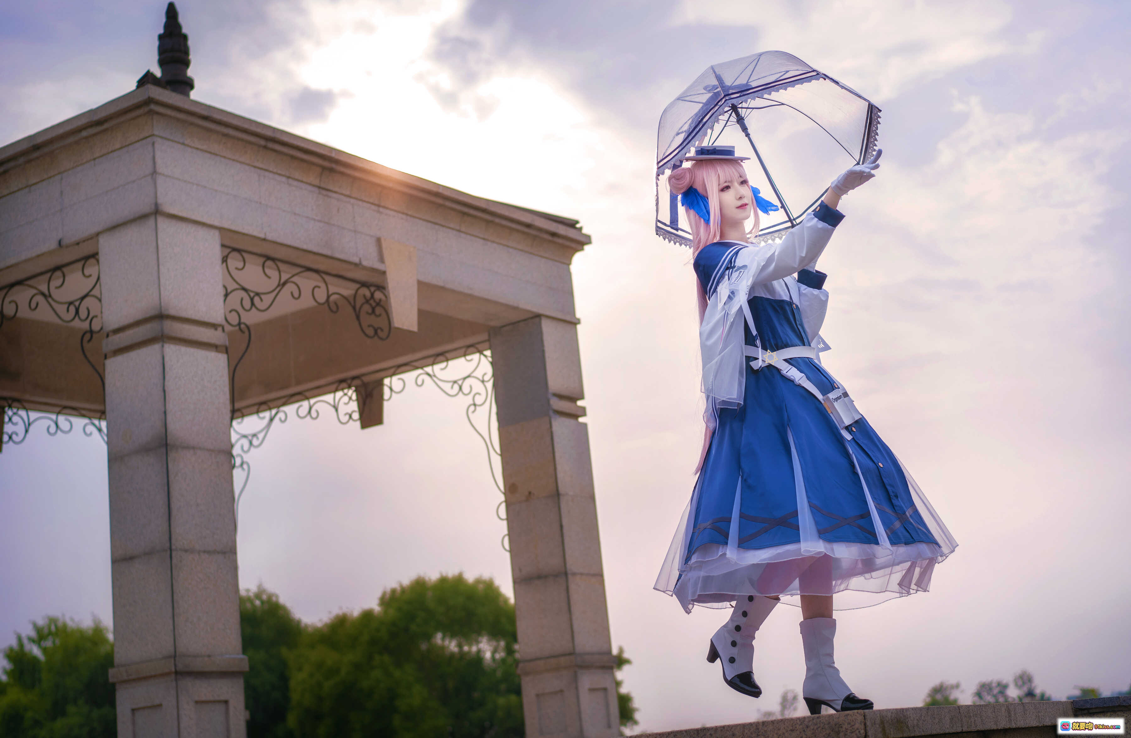 图片[6] - 弥音音NO.020明日方舟锡兰cosplay蓝粉双色发饰海军风制服水池台阶场景高清美图 - 就要吻