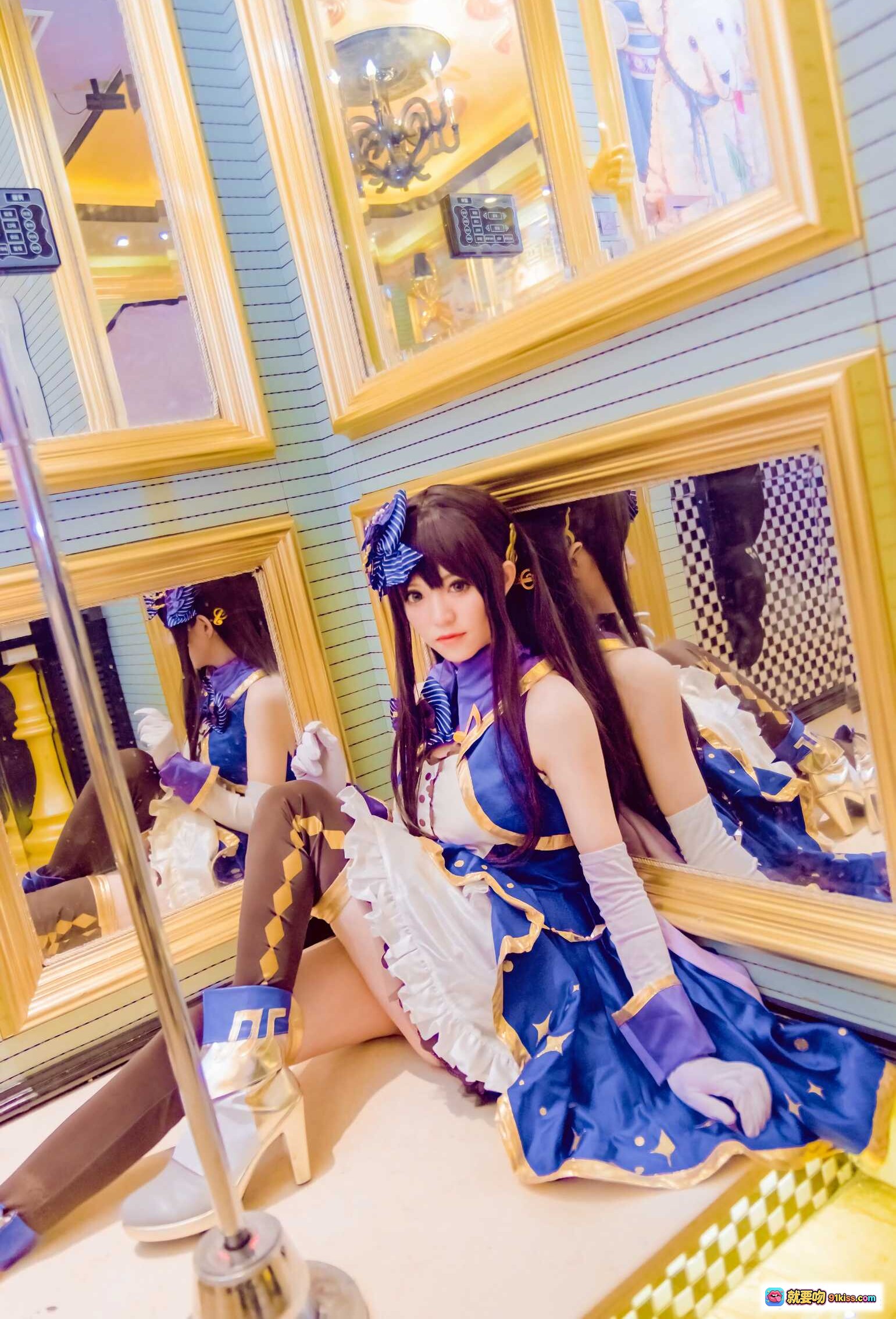 偶像大师渋谷凛COS写真 | Kettoe NO.006 蓝白裙装+长发蝴蝶结+镜面场景+精致妆容+日系美少女 - 就要吻