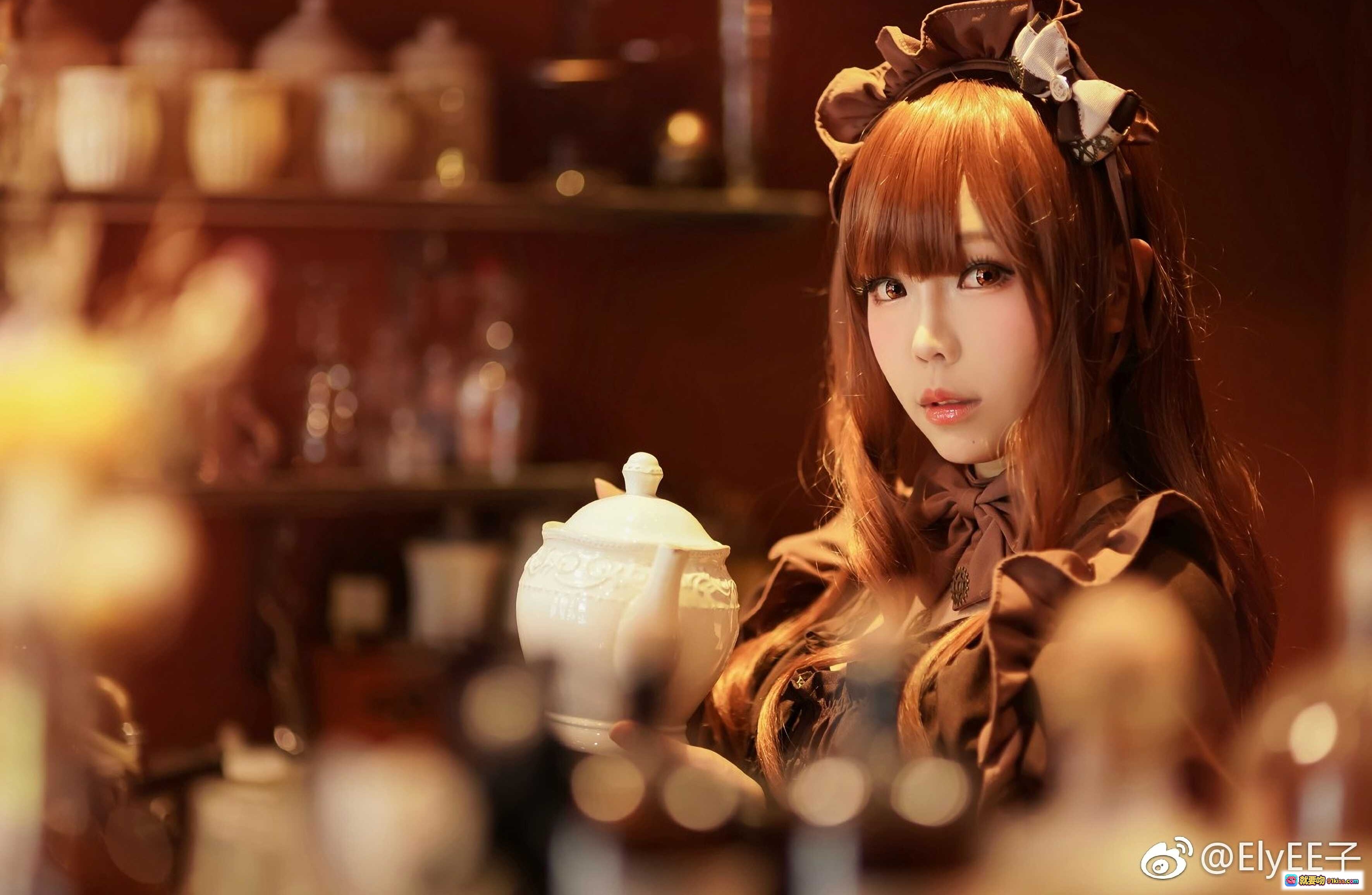 ElyEE子NO.034洛丽塔女仆装写真｜甜美红发少女手持茶壶｜复古咖啡馆氛围感拍照｜日系软妹风Cosplay造型 - 就要吻