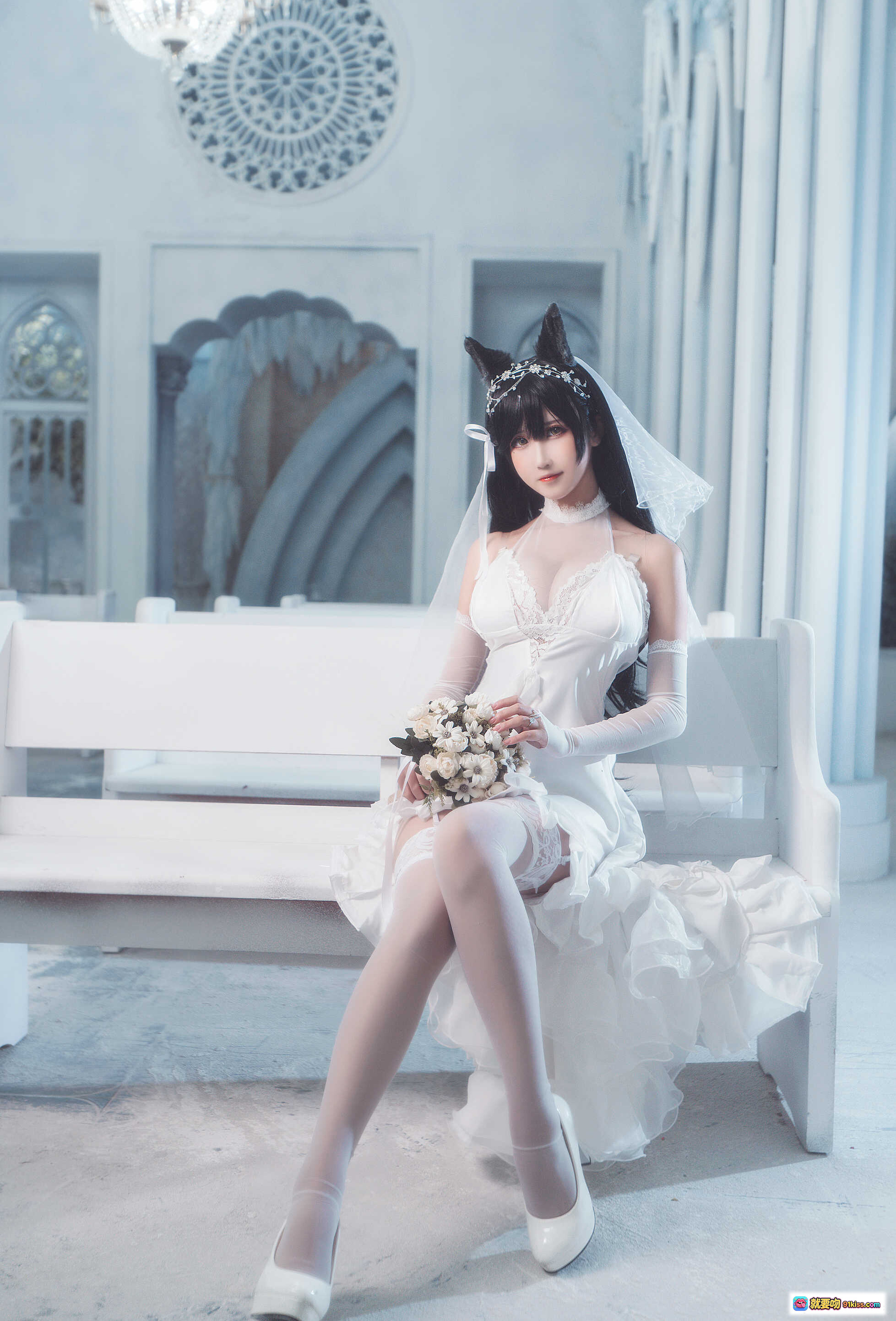 图片[2] - 三度_69 NO.008 犬花嫁 白色婚纱蕾丝内衣 黑猫耳头饰 轻透薄纱长手套 优雅跪坐写真 22P高清图集 - 就要吻