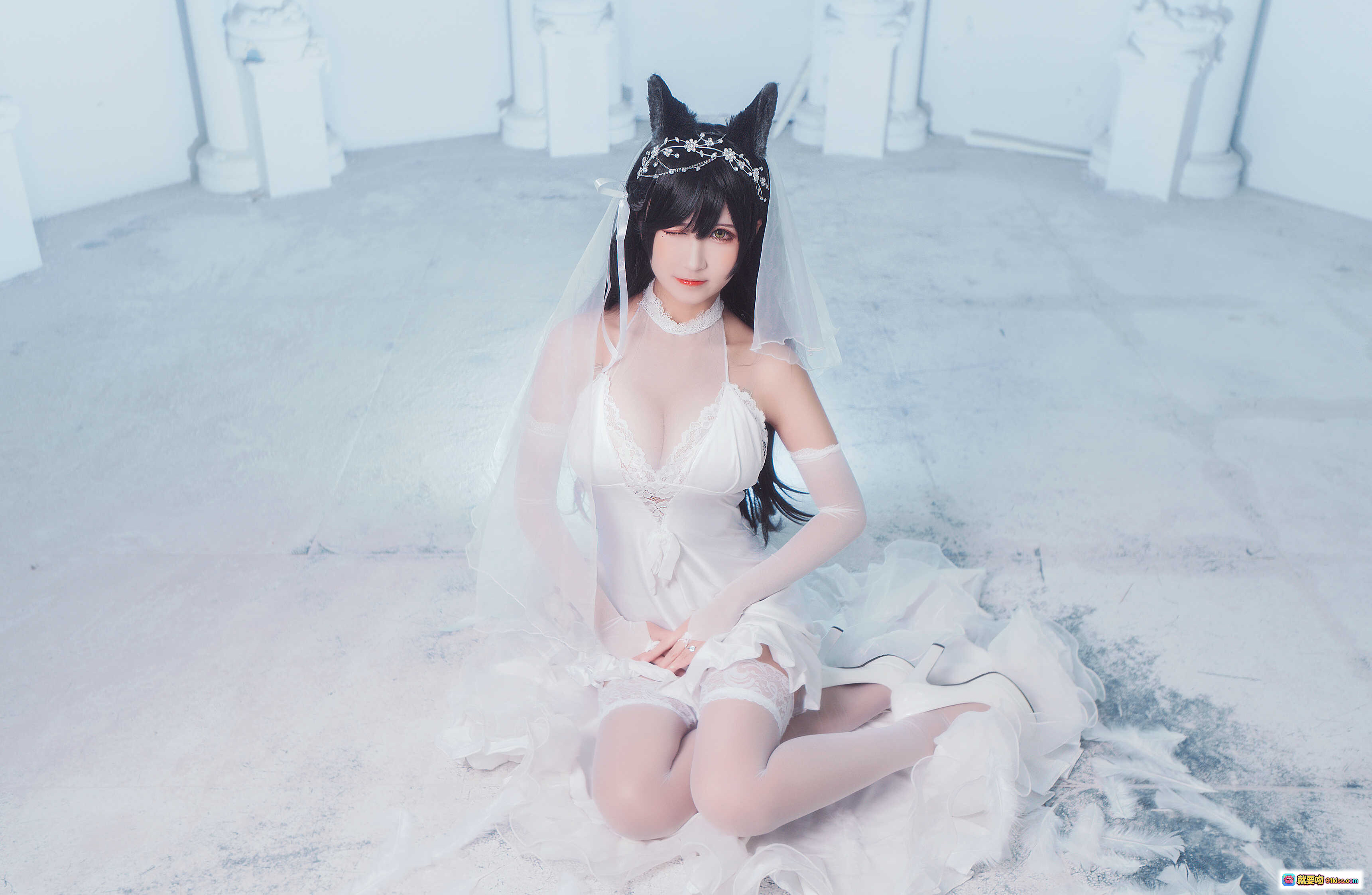 图片[7] - 三度_69 NO.008 犬花嫁 白色婚纱蕾丝内衣 黑猫耳头饰 轻透薄纱长手套 优雅跪坐写真 22P高清图集 - 就要吻