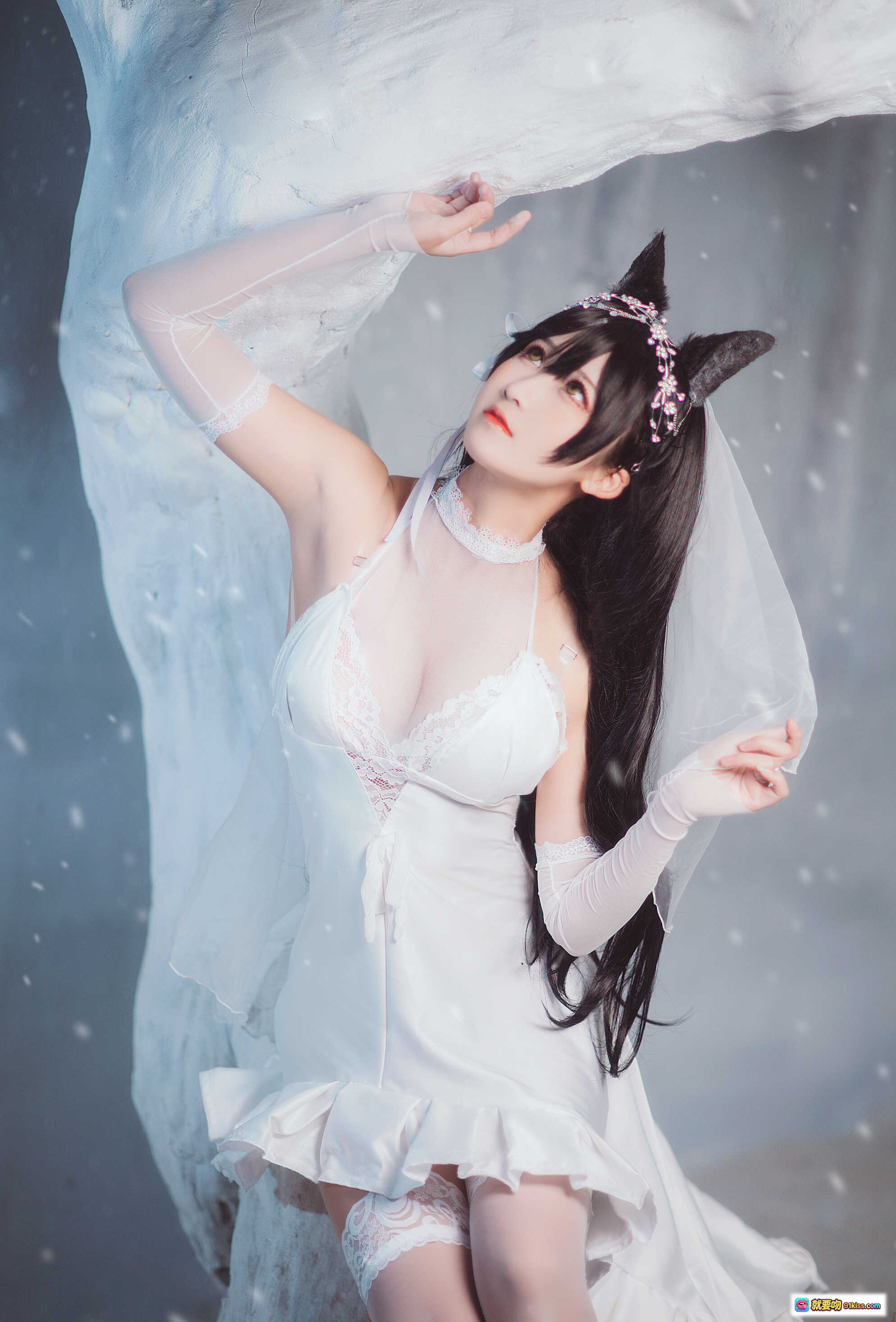 图片[3] - 三度_69 NO.008 犬花嫁 白色婚纱蕾丝内衣 黑猫耳头饰 轻透薄纱长手套 优雅跪坐写真 22P高清图集 - 就要吻