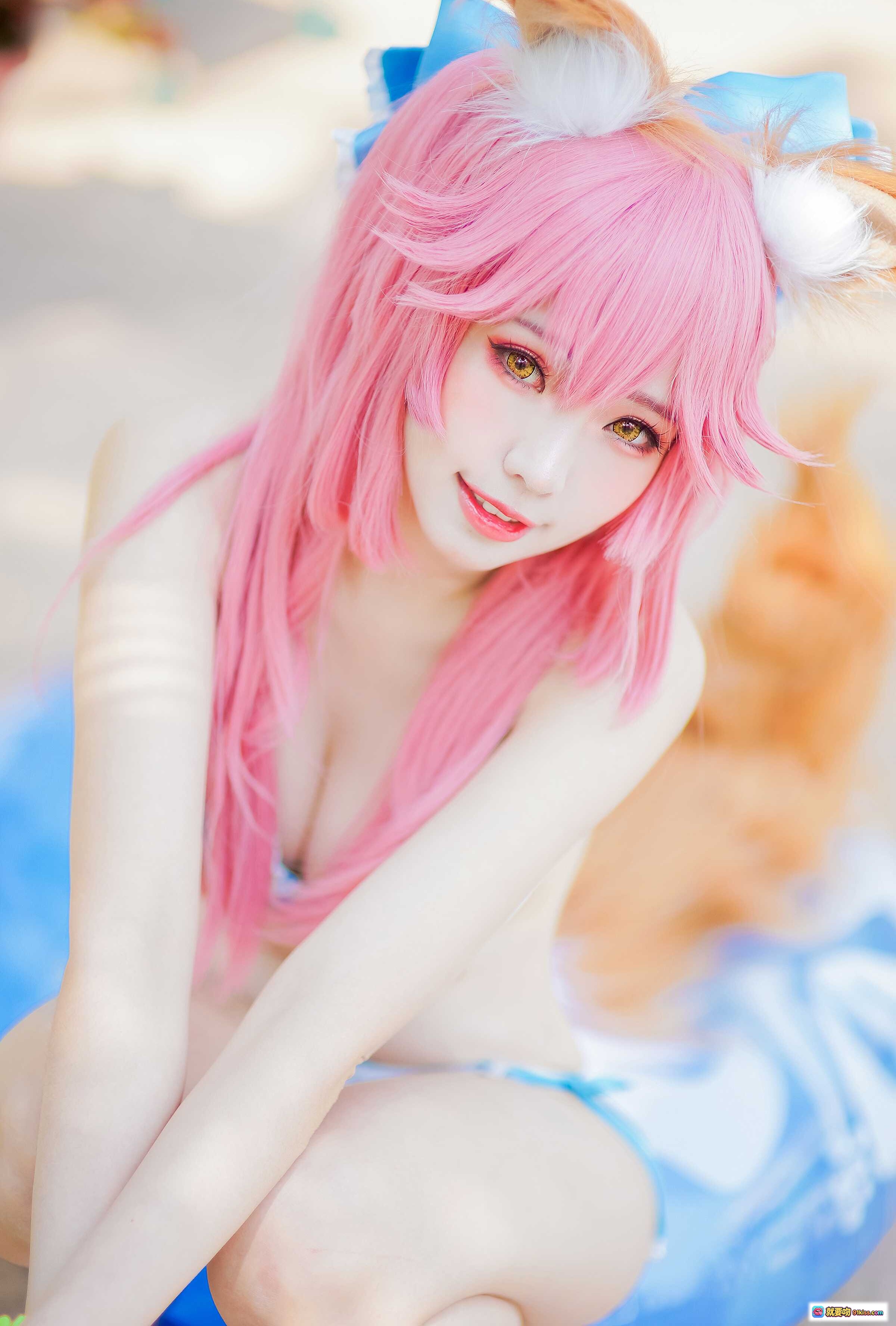 图片[10] - ElyEE子NO.046粉发兔耳泳装写真｜蓝色比基尼蕾丝边｜夏日沙滩风情Cosplay美图 - 就要吻