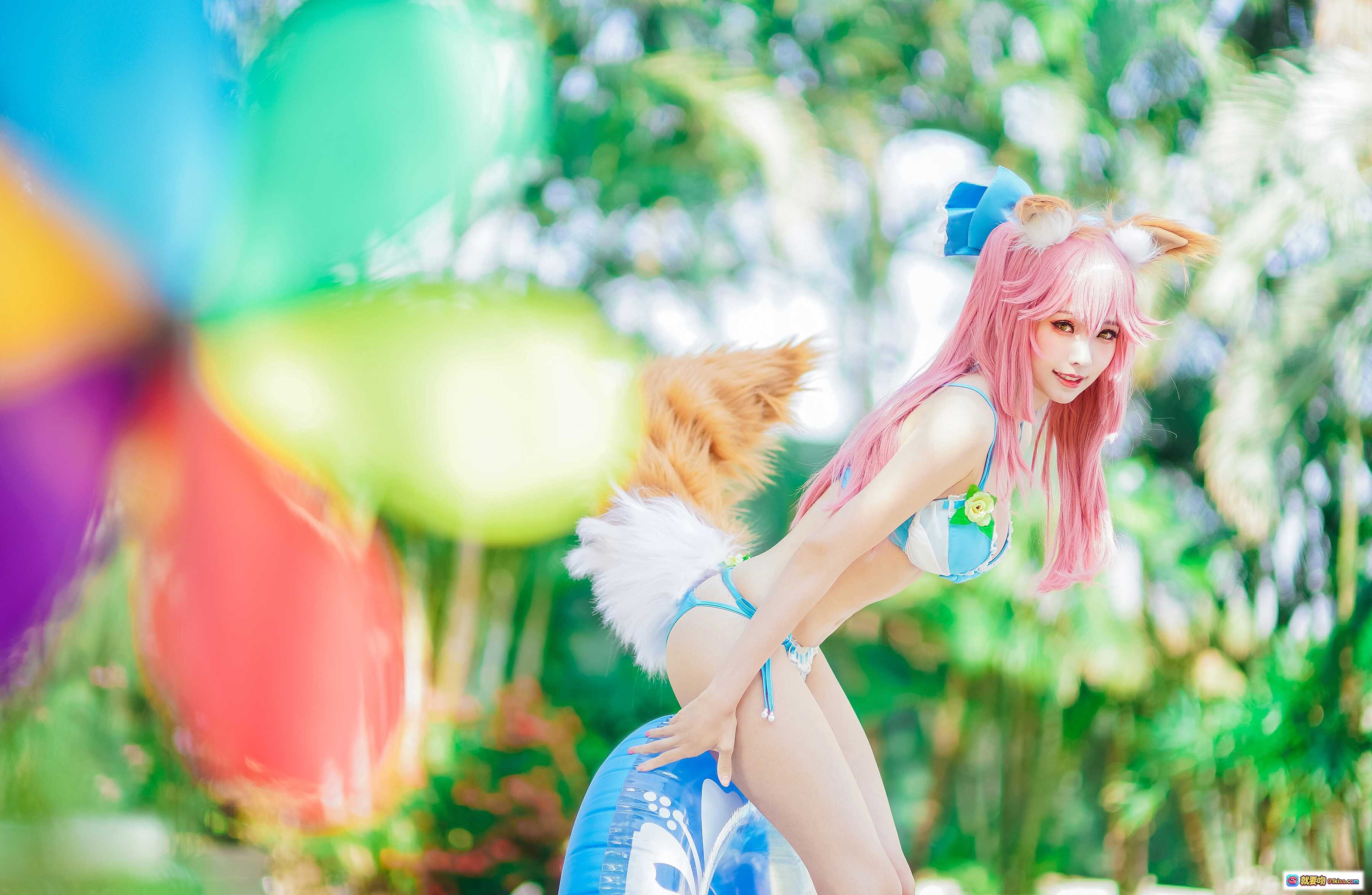 图片[3] - ElyEE子NO.046粉发兔耳泳装写真｜蓝色比基尼蕾丝边｜夏日沙滩风情Cosplay美图 - 就要吻