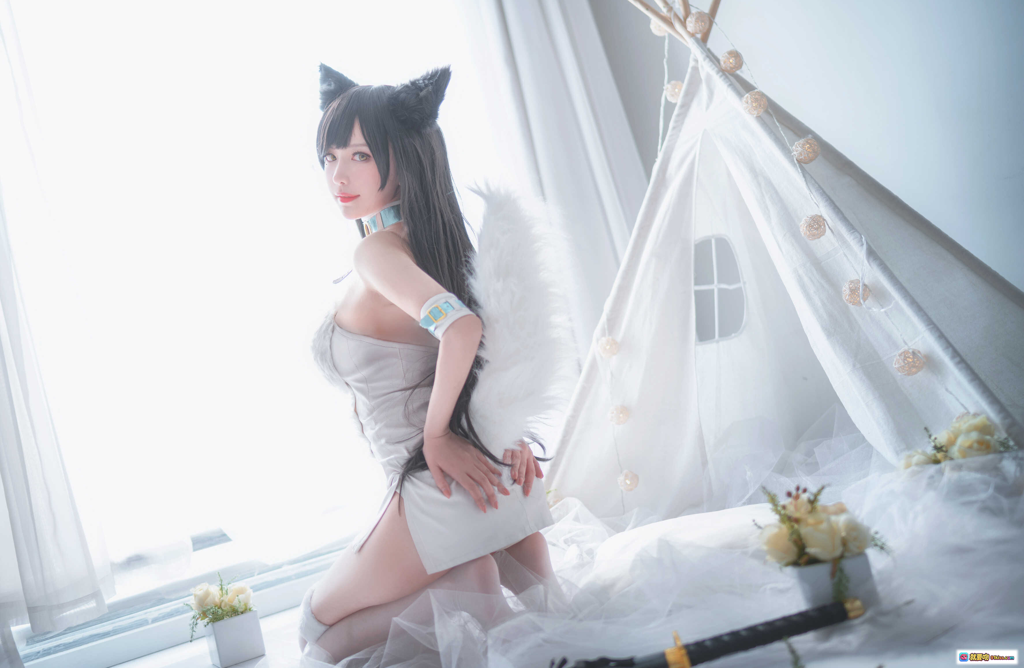 Shika小鹿鹿NO.008爱宕同人福利写真 猫耳天使装 白色梦幻帐篷 柔光窗景 30P高清图集 - 就要吻