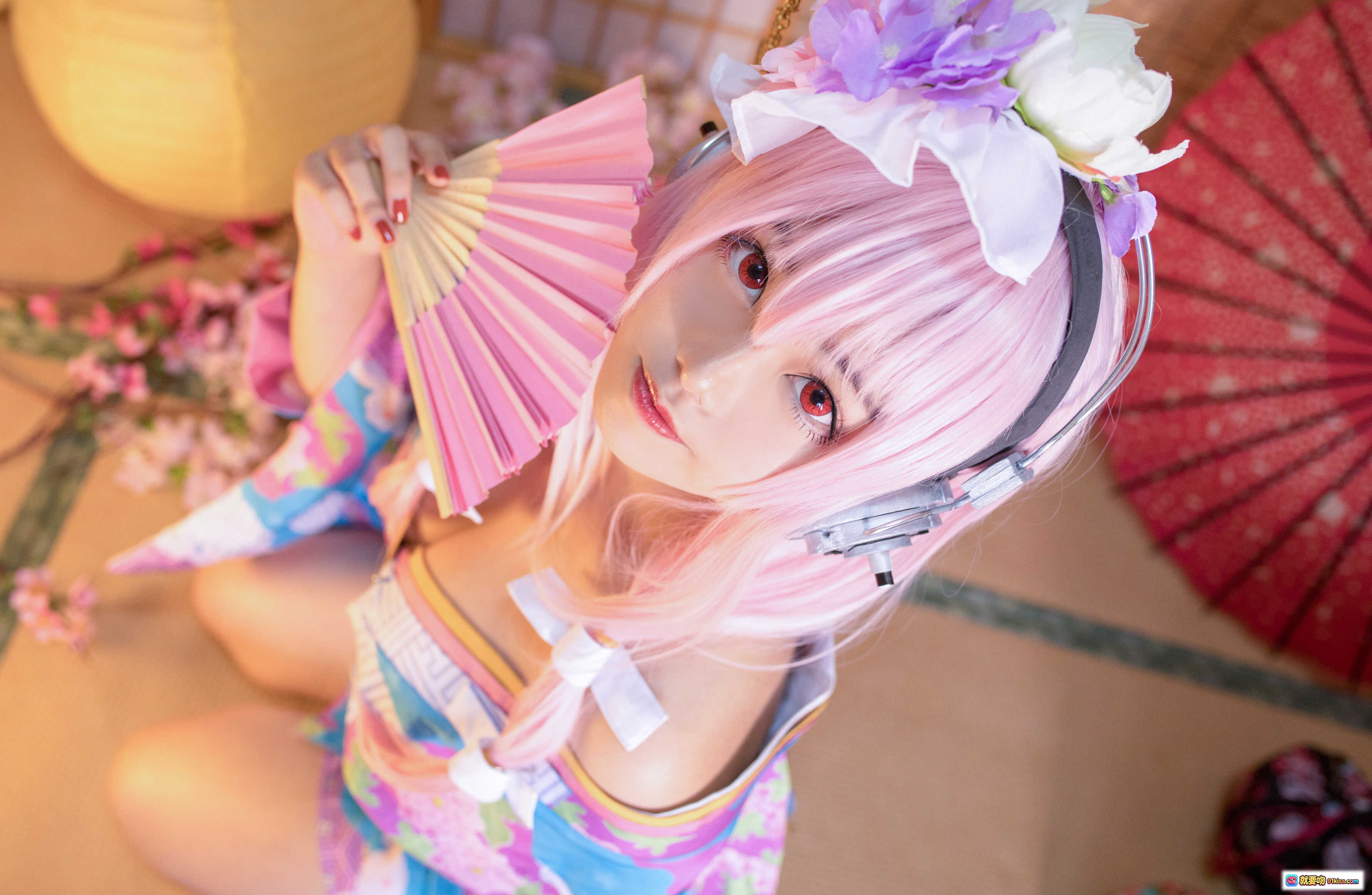 蜜汁猫裘NO.019索尼子和服COS写真｜粉发少女手持折扇头戴花饰日系唯美风格 - 就要吻