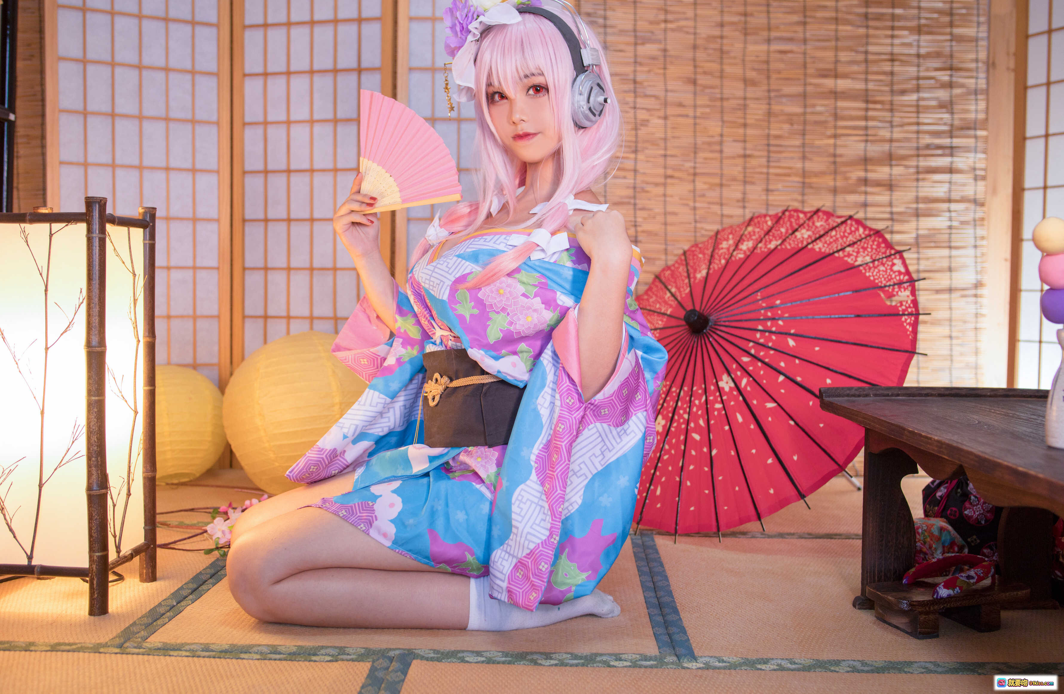 图片[3] - 蜜汁猫裘NO.019索尼子和服COS写真｜粉发少女手持折扇头戴花饰日系唯美风格 - 就要吻