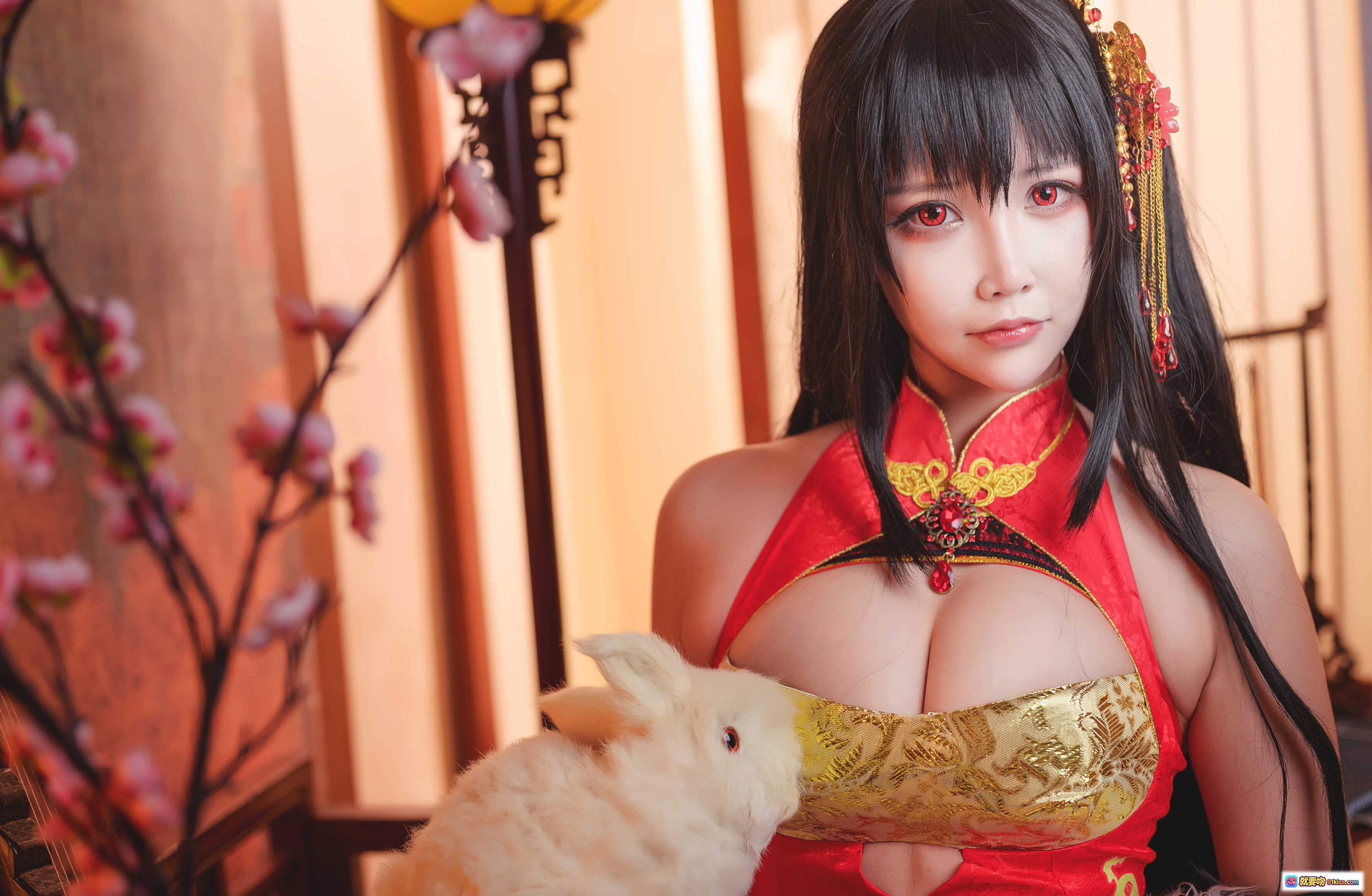 图片[5] - 抱走莫子A NO.030 大凤写真：红金刺绣和服+黑色蕾丝吊带袜+高跟鞋+古典木榻+渔网袜美腿特写 - 就要吻