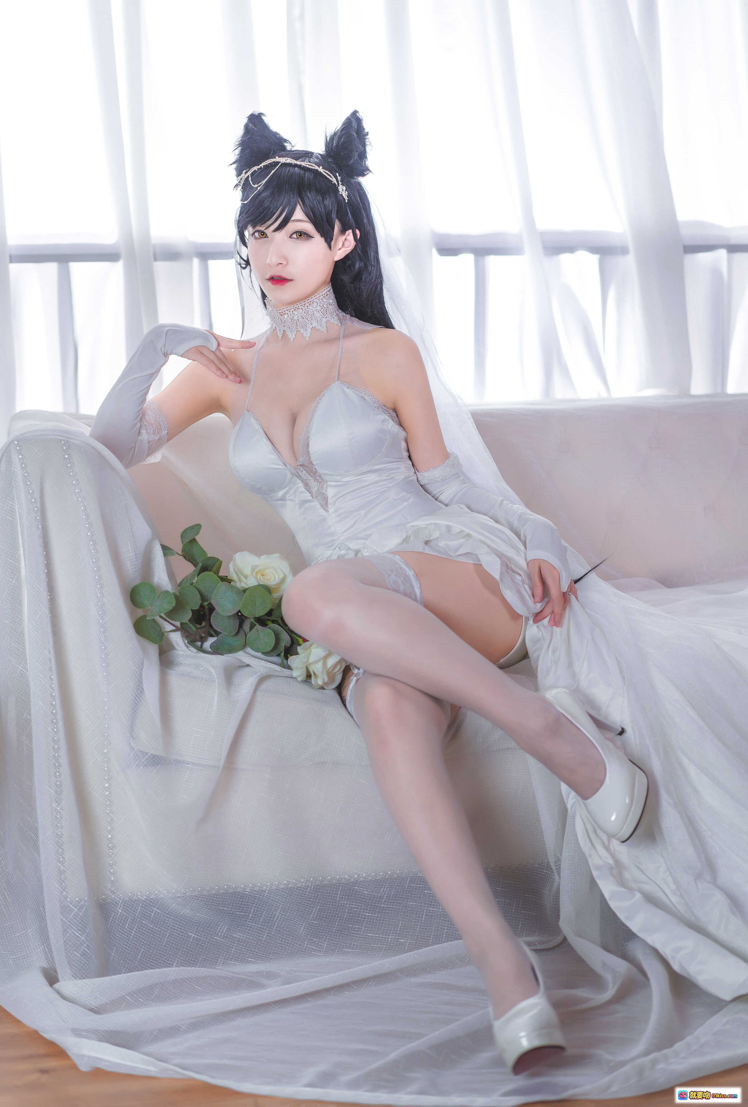 图片[3] - 铁板烧鬼舞w爱宕1新娘cosplay写真 – 白色婚纱猫耳头饰蕾丝手套玫瑰花束优雅坐姿29P高清图集 - 就要吻