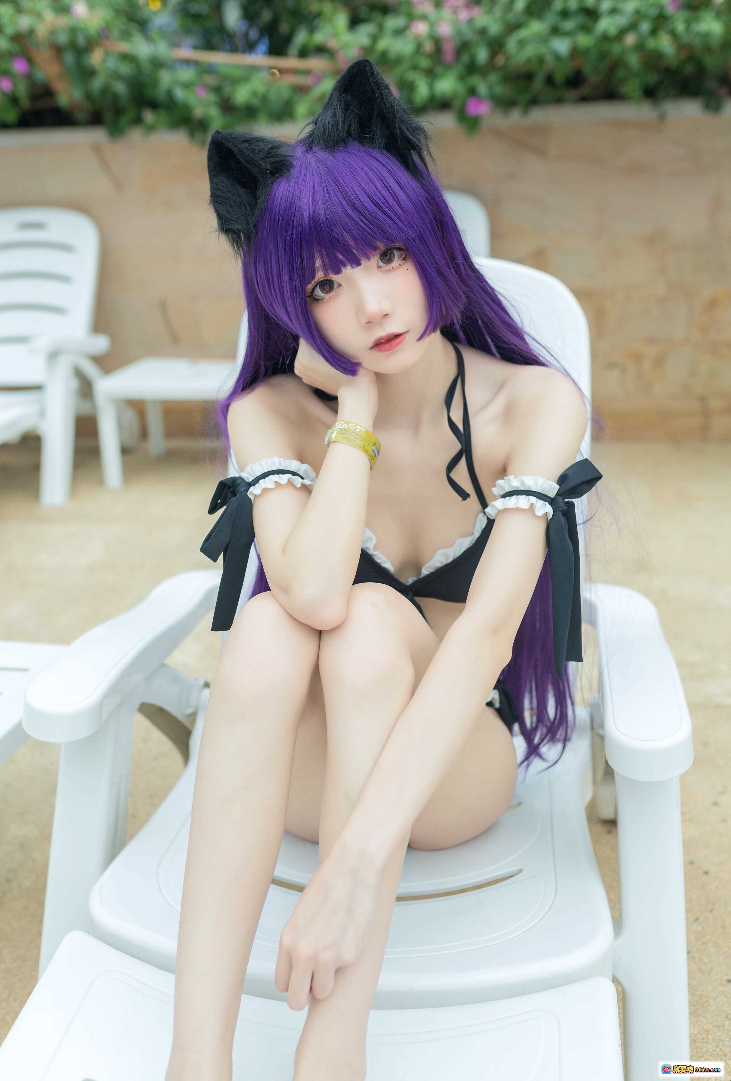 图片[3] - 五更百鬼NO.025黑猫泳装Cosplay 紫发猫耳少女白色躺椅写真 12P高清图集 - 就要吻