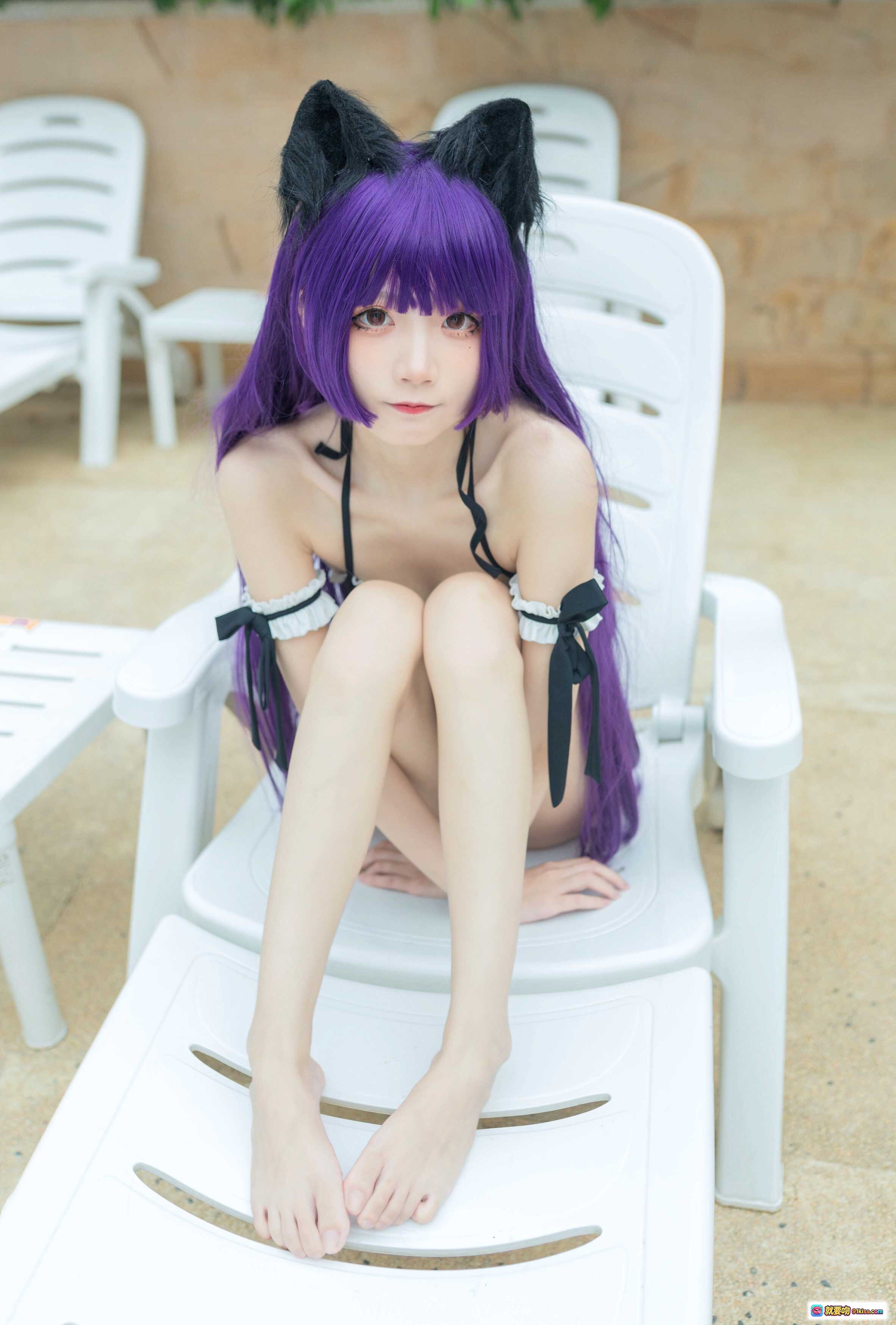图片[8] - 五更百鬼NO.025黑猫泳装Cosplay 紫发猫耳少女白色躺椅写真 12P高清图集 - 就要吻
