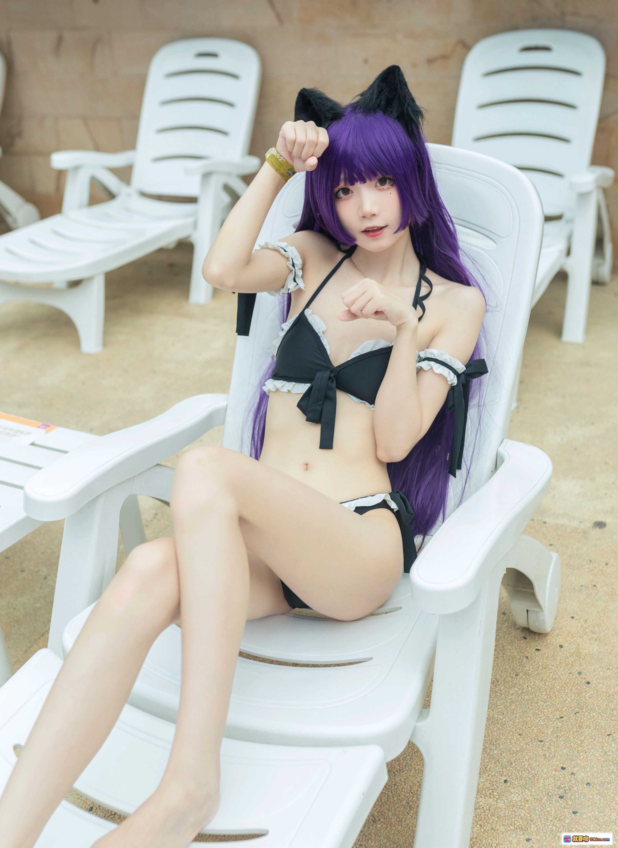 图片[6] - 五更百鬼NO.025黑猫泳装Cosplay 紫发猫耳少女白色躺椅写真 12P高清图集 - 就要吻