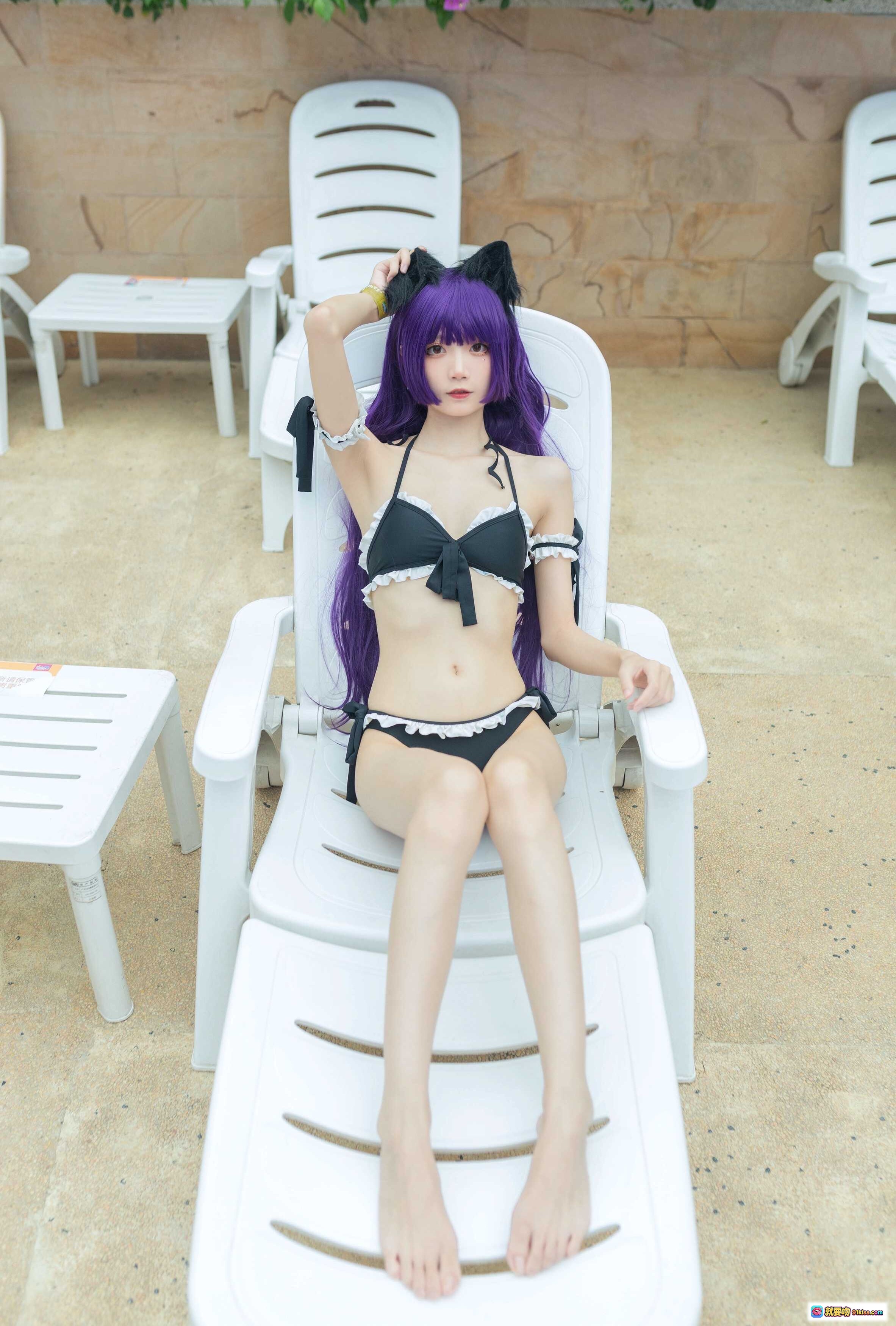 图片[9] - 五更百鬼NO.025黑猫泳装Cosplay 紫发猫耳少女白色躺椅写真 12P高清图集 - 就要吻