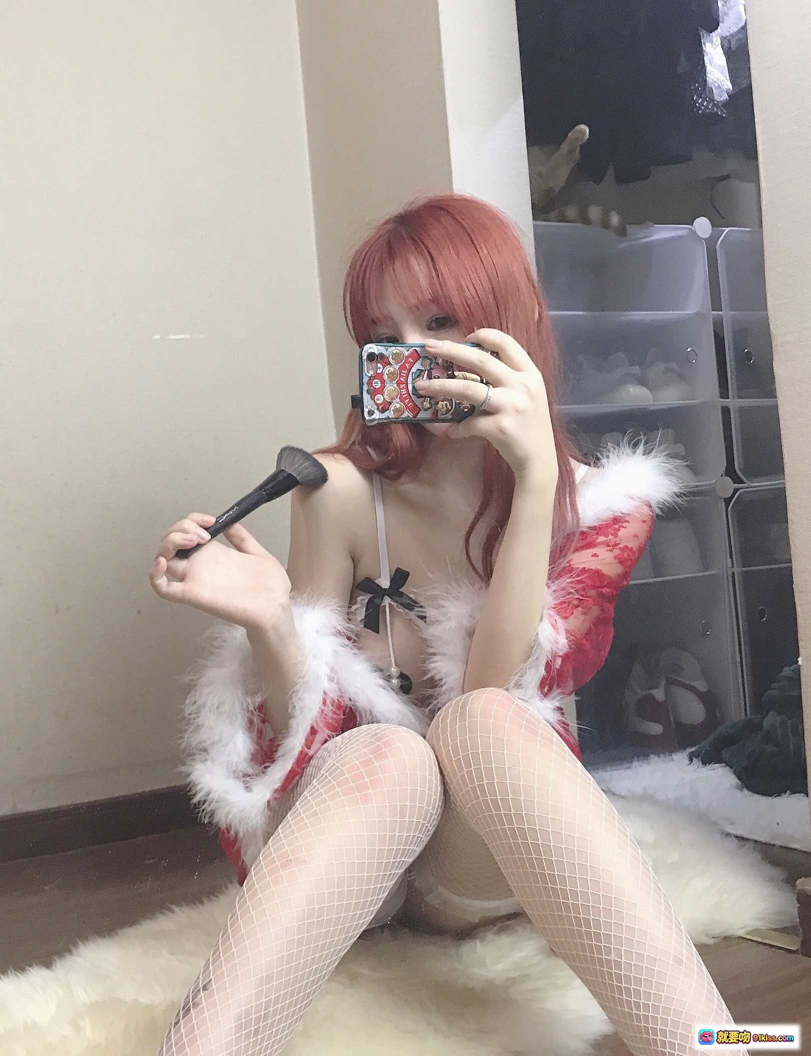 图片[8] - 叉子宝宝NO.005自拍系列01｜黑蕾丝猫耳女仆装+绑带内衣+长手套+吊袜带美腿写真45P - 就要吻