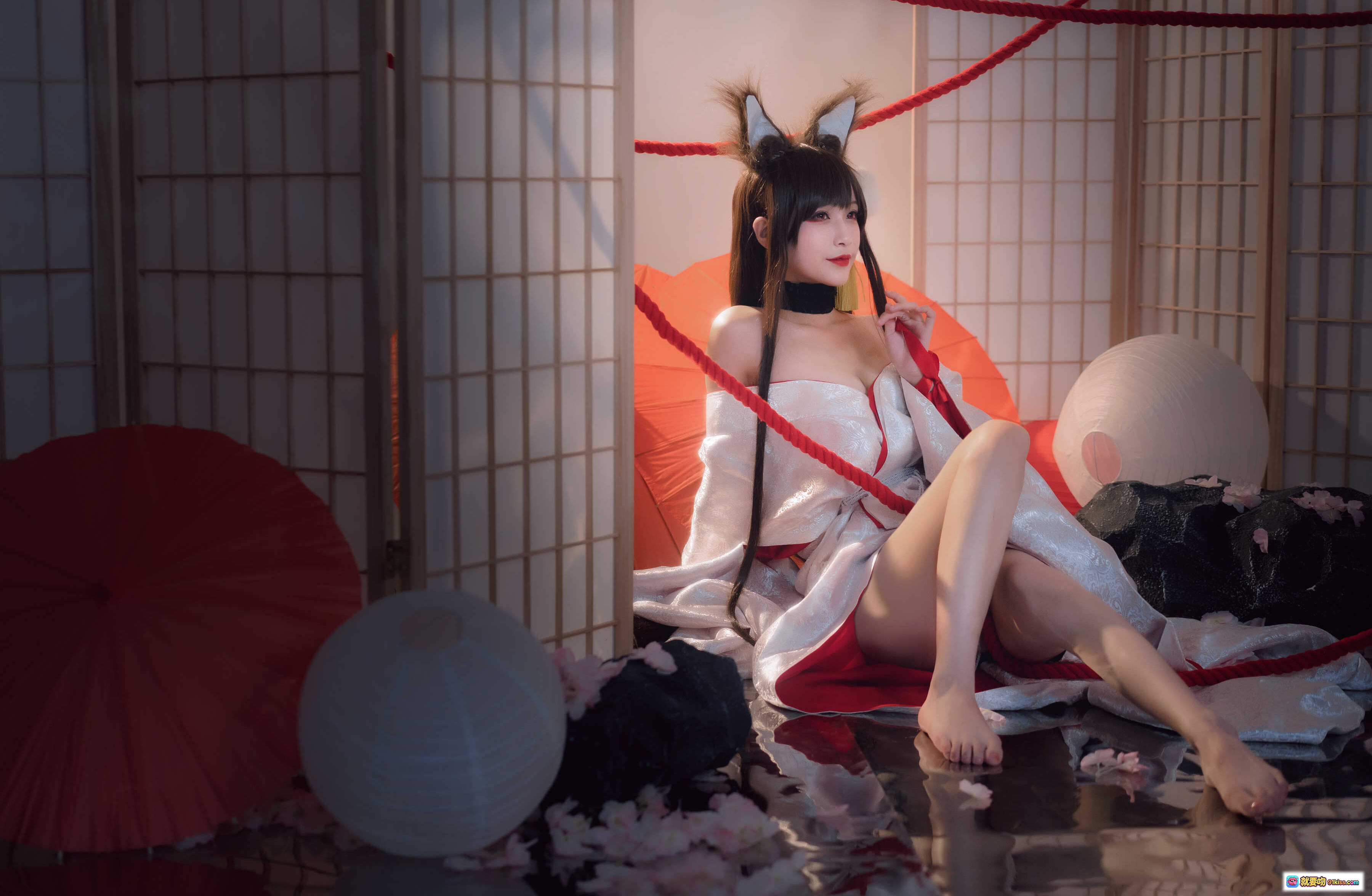 图片[5] - 铁板烧鬼舞w NO.023 赤城 Cosplay 狐耳和服美少女 日式屏风红伞场景 20P高清写真 - 就要吻