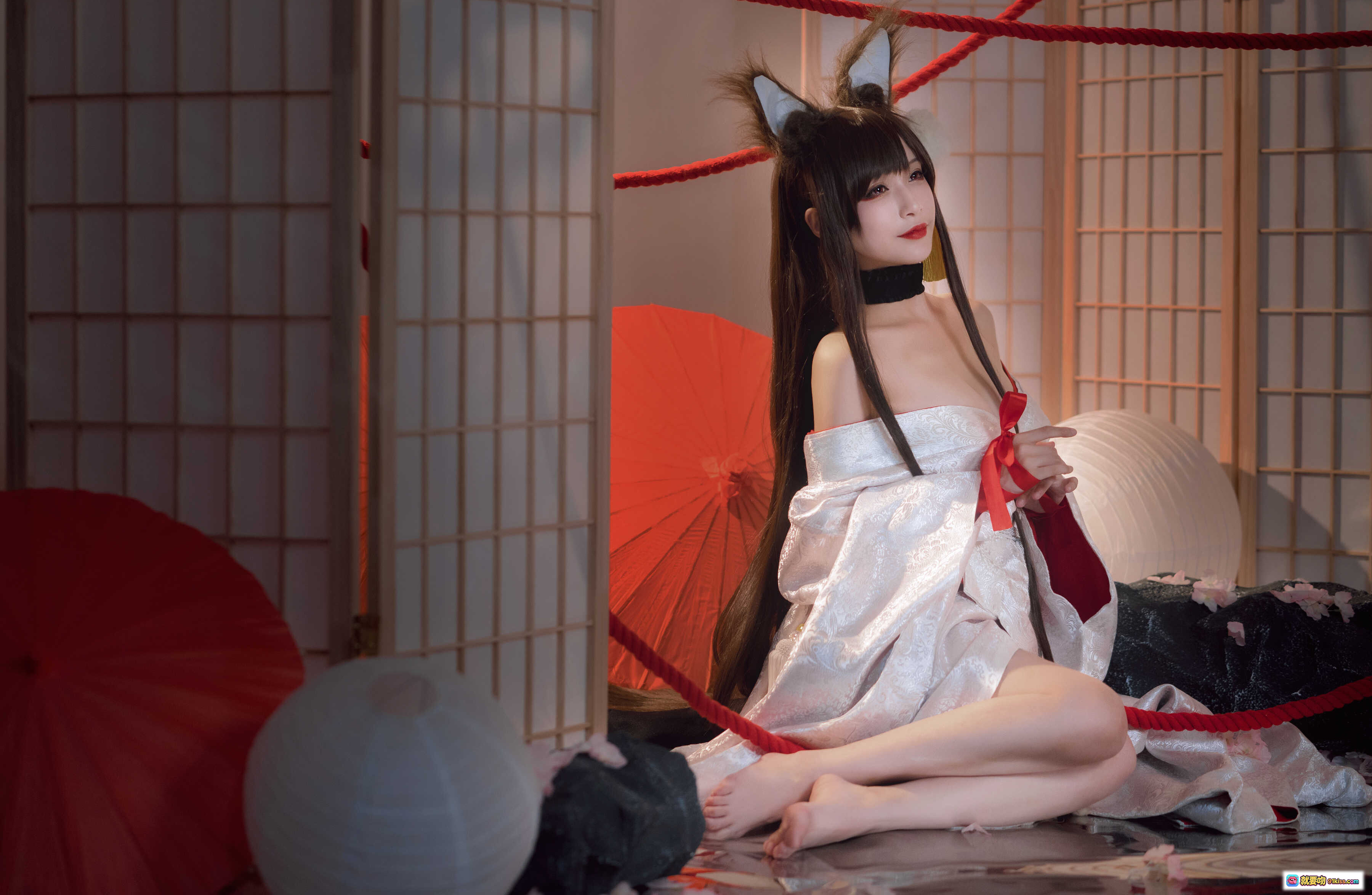 图片[8] - 铁板烧鬼舞w NO.023 赤城 Cosplay 狐耳和服美少女 日式屏风红伞场景 20P高清写真 - 就要吻