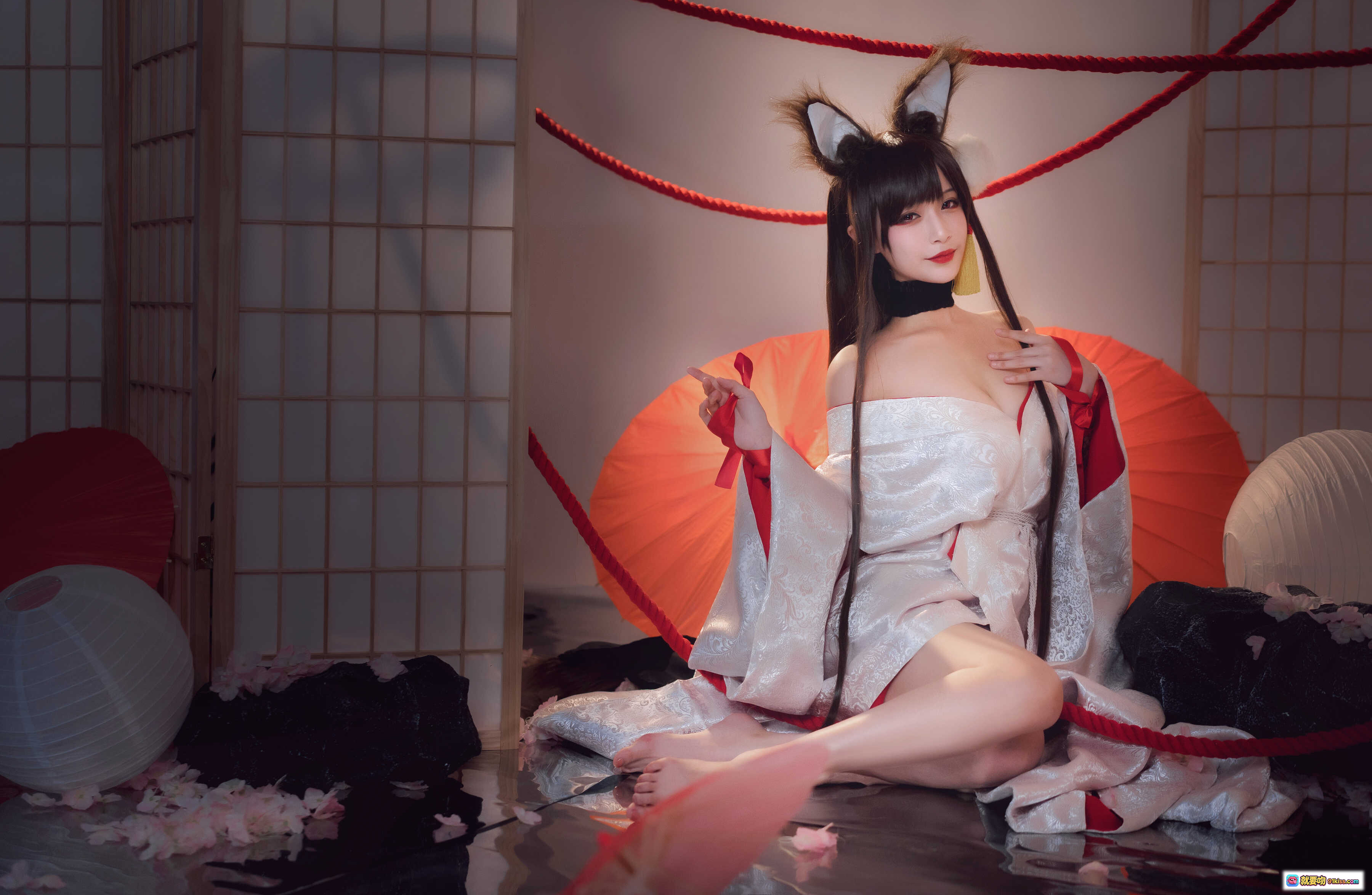 图片[9] - 铁板烧鬼舞w NO.023 赤城 Cosplay 狐耳和服美少女 日式屏风红伞场景 20P高清写真 - 就要吻