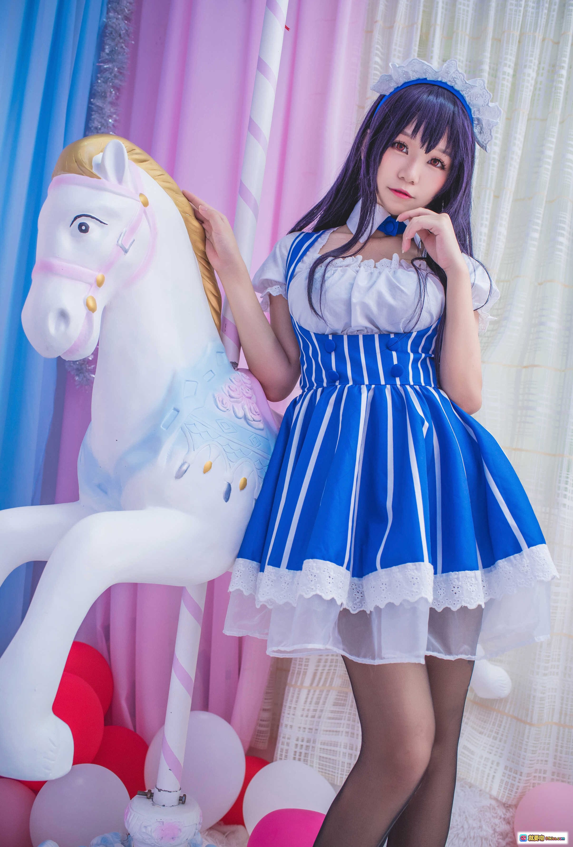 图片[8] - 白金saki女仆装写真 | 蓝白条纹制服+蕾丝边+黑丝美腿 | B站萌妹子NO.005 21P高清图集 - 就要吻