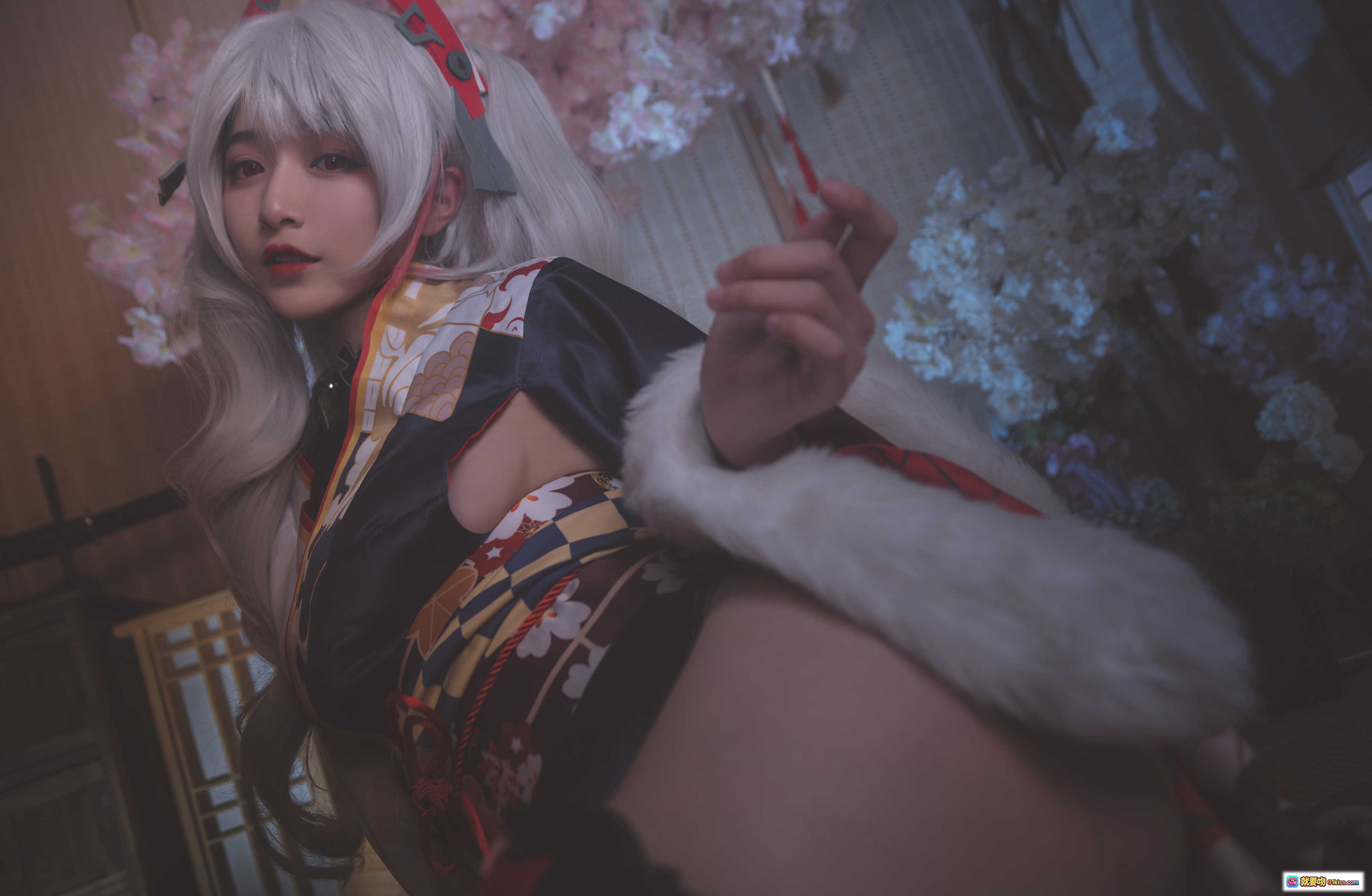 图片[5] - 铁板烧鬼舞w欧根亲王cosplay和风樱花场景银发少女举酒壶日式浴衣写真NO.010 - 就要吻