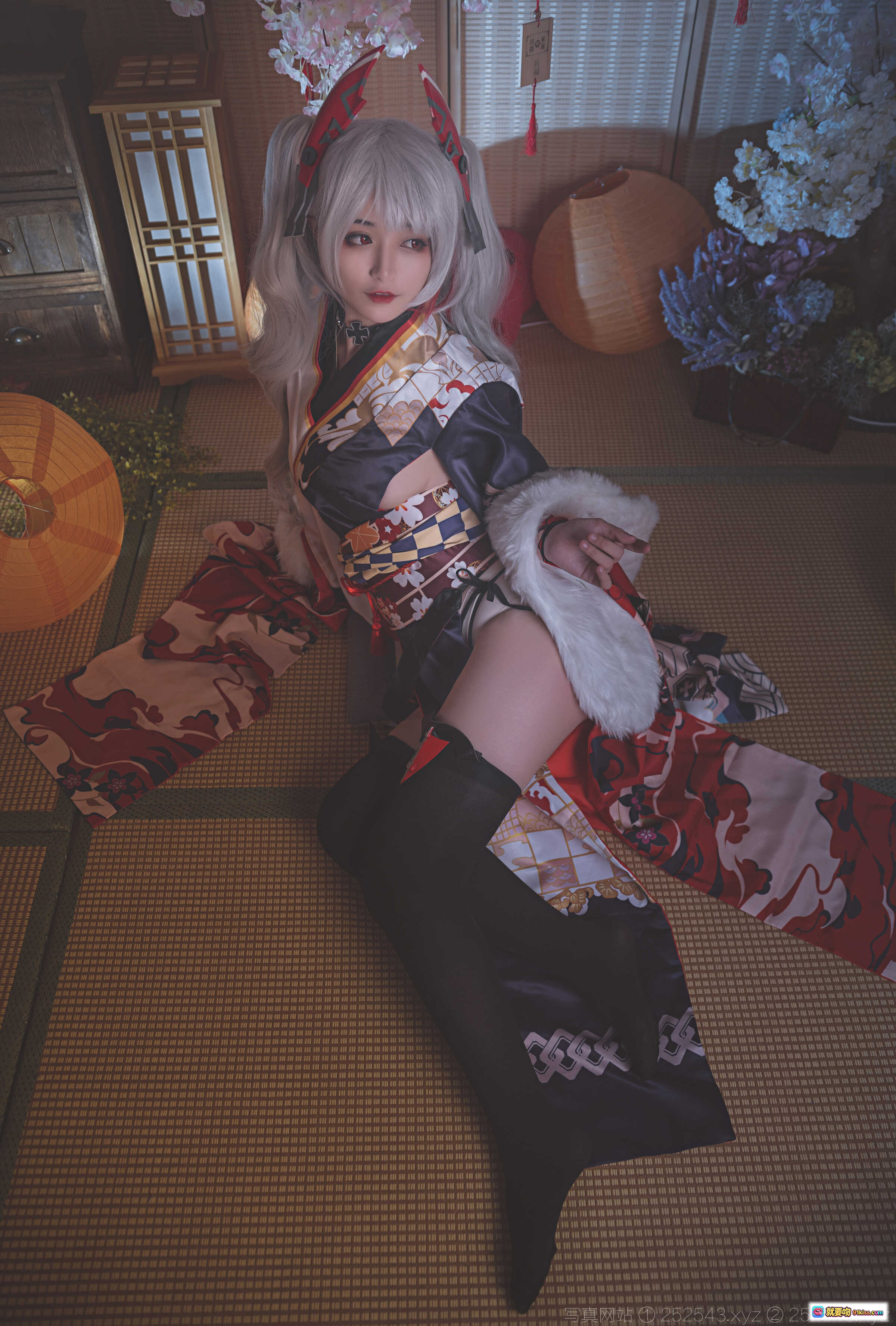 图片[9] - 铁板烧鬼舞w欧根亲王cosplay和风樱花场景银发少女举酒壶日式浴衣写真NO.010 - 就要吻