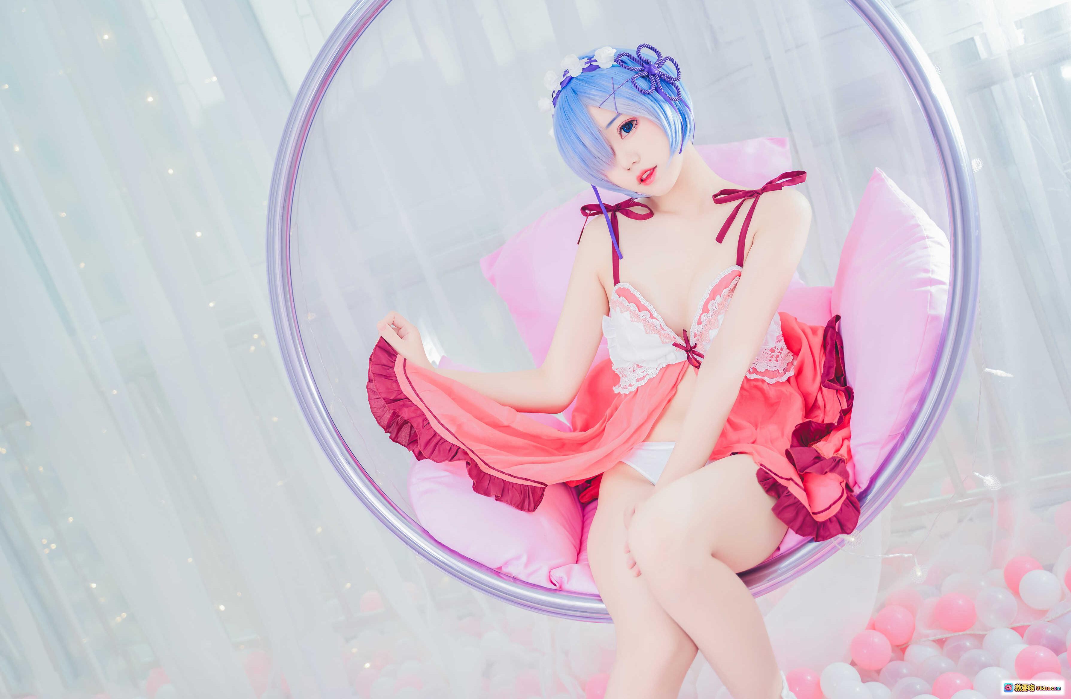猫君君_MaoJun NO.001 粉嫩雷姆Cosplay写真 40P高清美图 蓝发少女透明吊椅蕾丝睡衣萌系私房照 - 就要吻