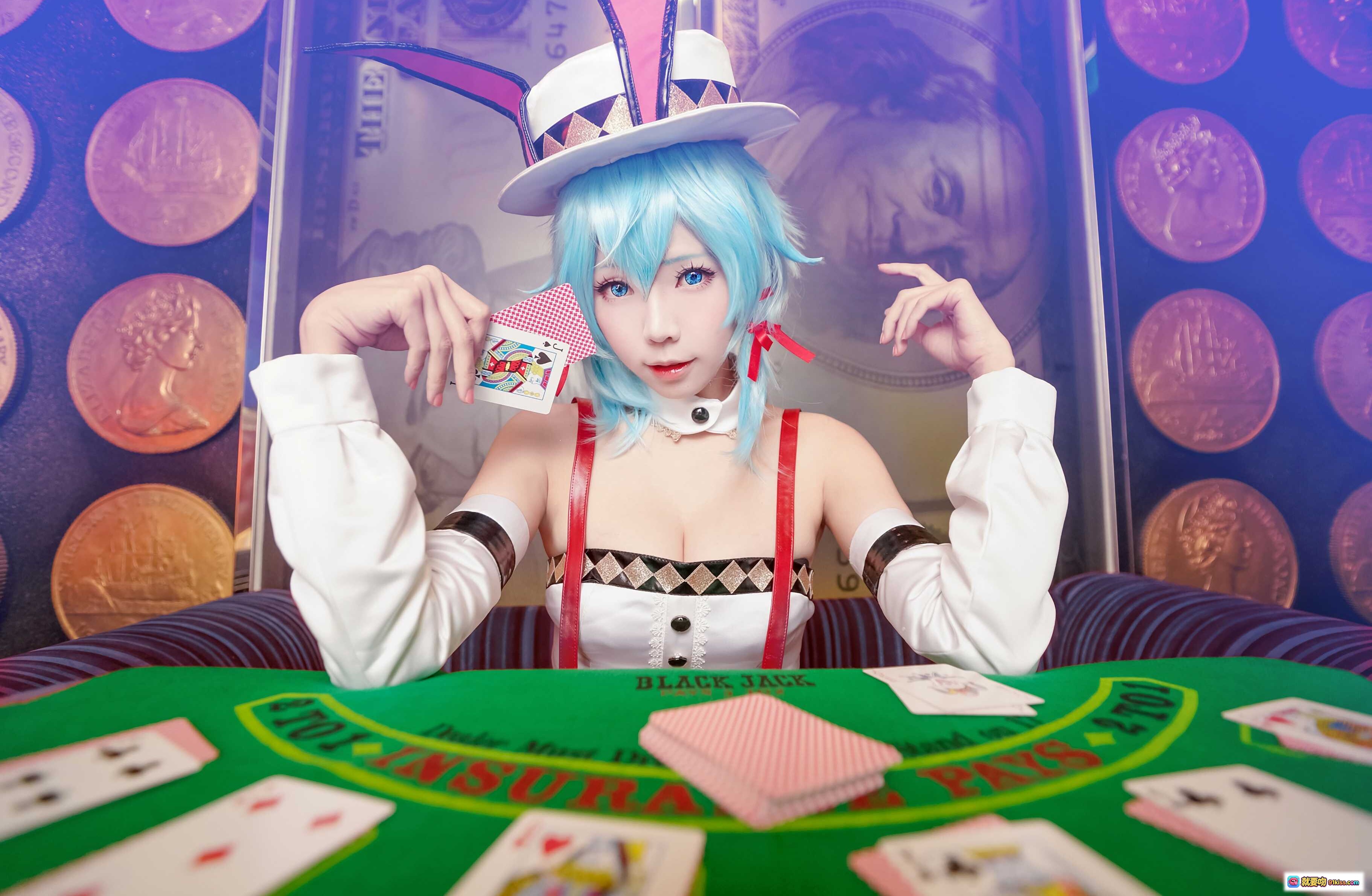图片[3] - ElyEE子NO.022蓝发兔女郎cosplay赌场老虎机前性感写真 皇家鹰主题灯光炫彩场景 - 就要吻