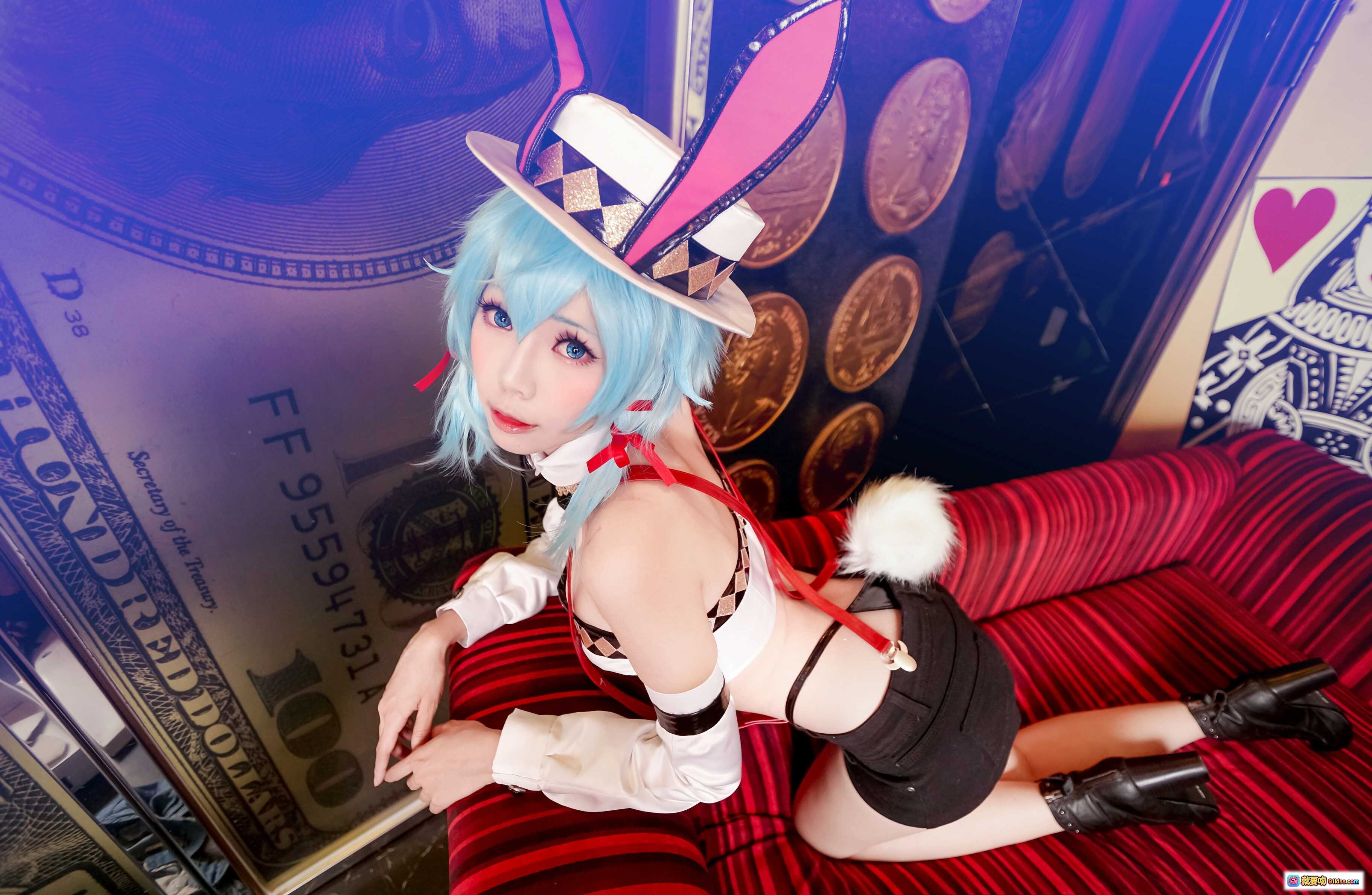 图片[4] - ElyEE子NO.022蓝发兔女郎cosplay赌场老虎机前性感写真 皇家鹰主题灯光炫彩场景 - 就要吻