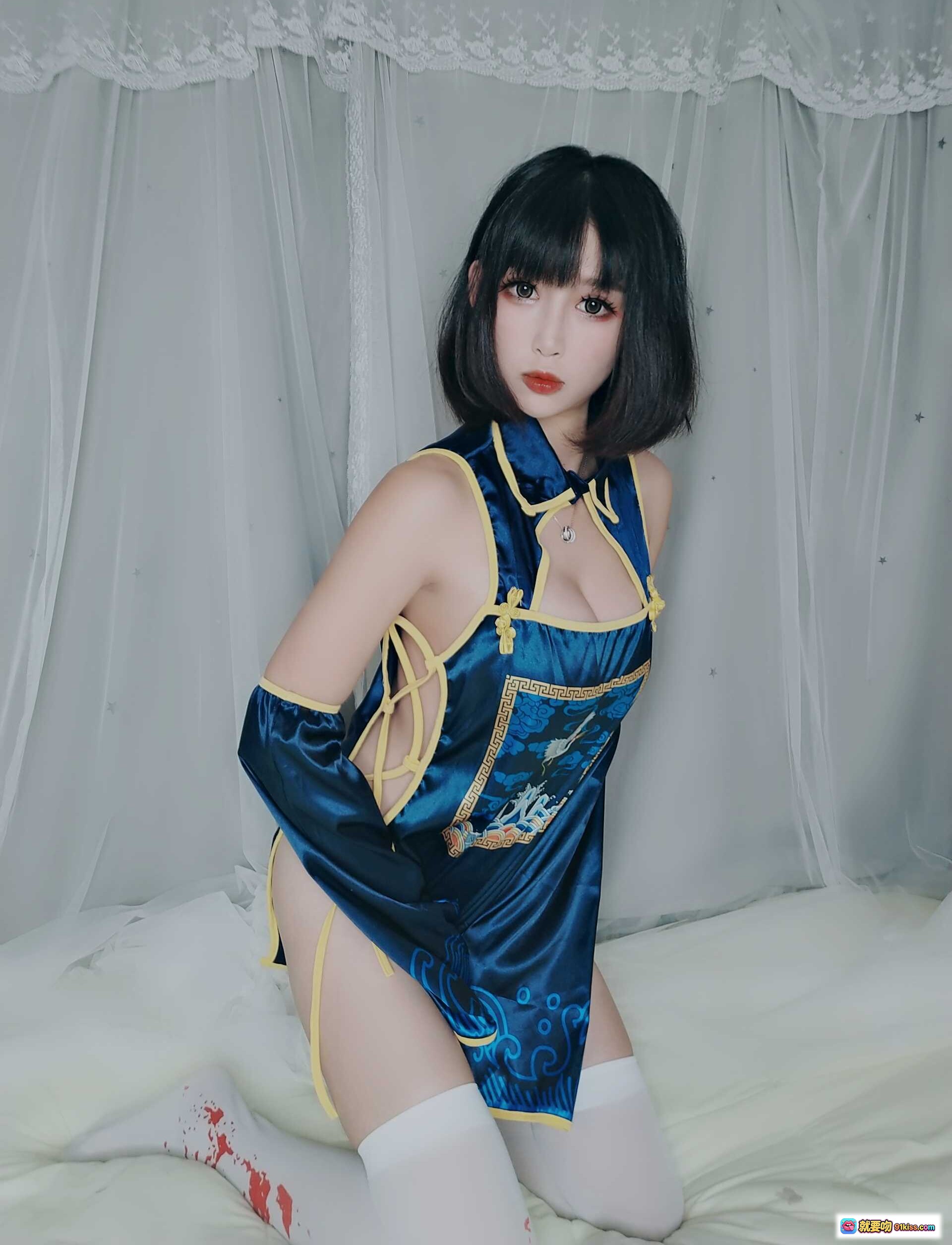 图片[9] - 小酥酱NO.014小僵尸Cosplay蓝旗袍兔耳装白丝袜写真34P高清图集 - 就要吻