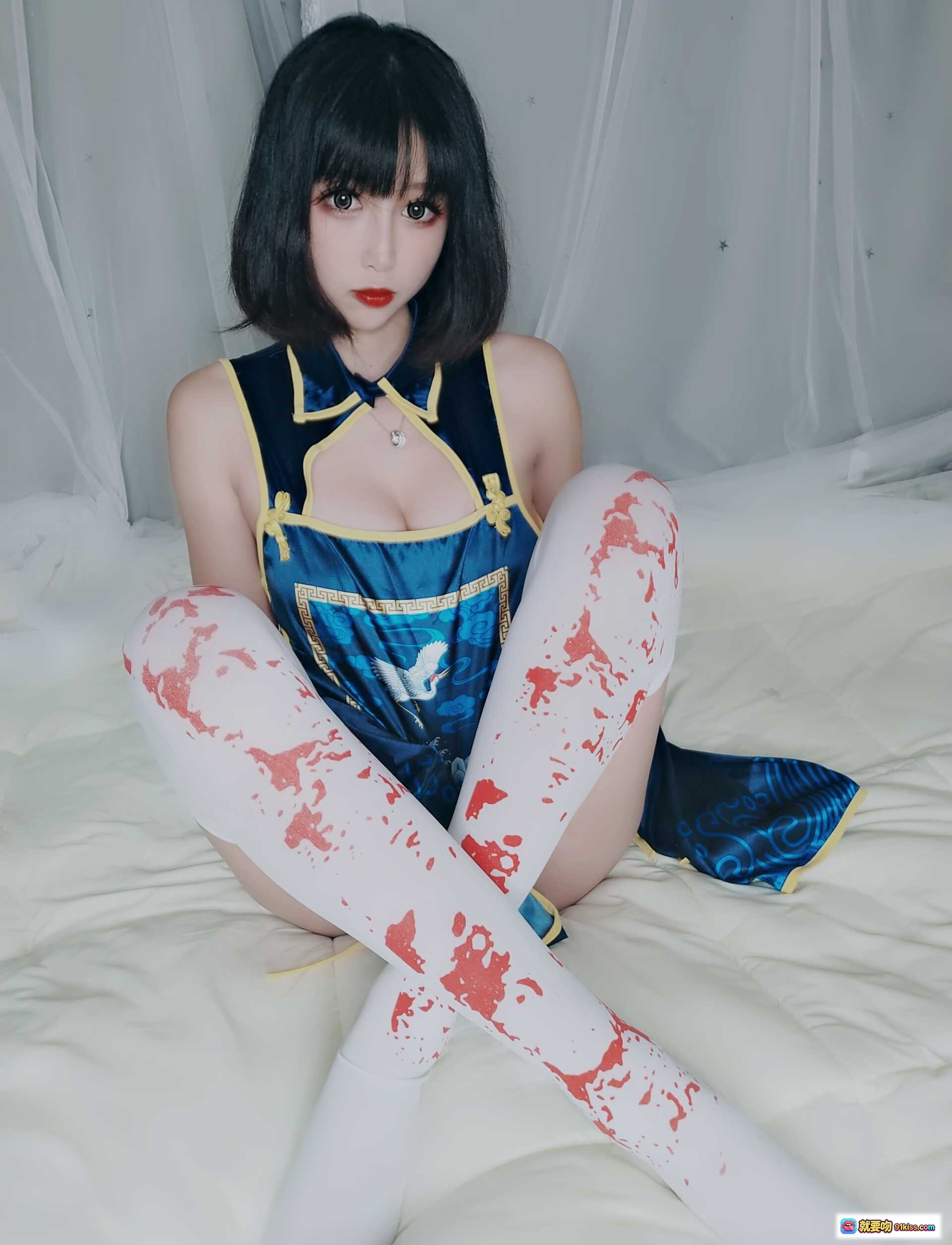 图片[10] - 小酥酱NO.014小僵尸Cosplay蓝旗袍兔耳装白丝袜写真34P高清图集 - 就要吻