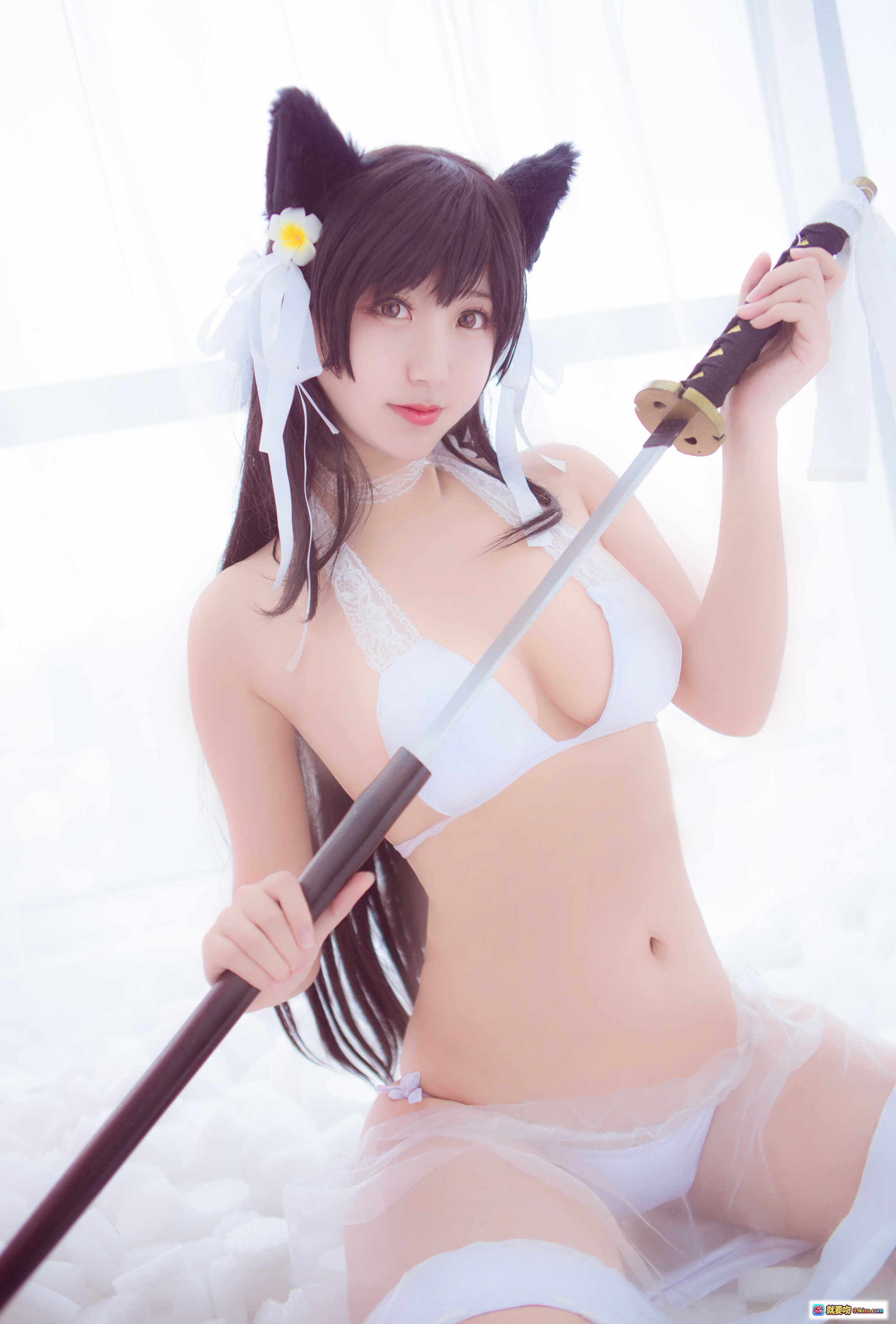 图片[3] - 黑川NO.004爱宕泳衣cosplay 猫耳白裙持剑少女写真 15P高清图集 - 就要吻
