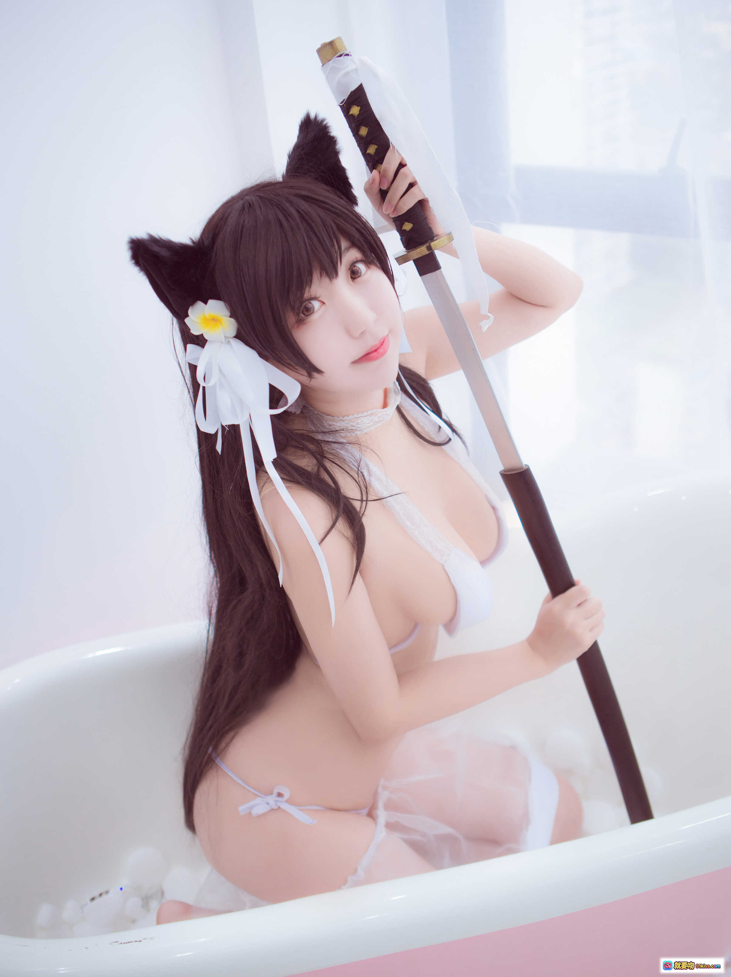 图片[4] - 黑川NO.004爱宕泳衣cosplay 猫耳白裙持剑少女写真 15P高清图集 - 就要吻