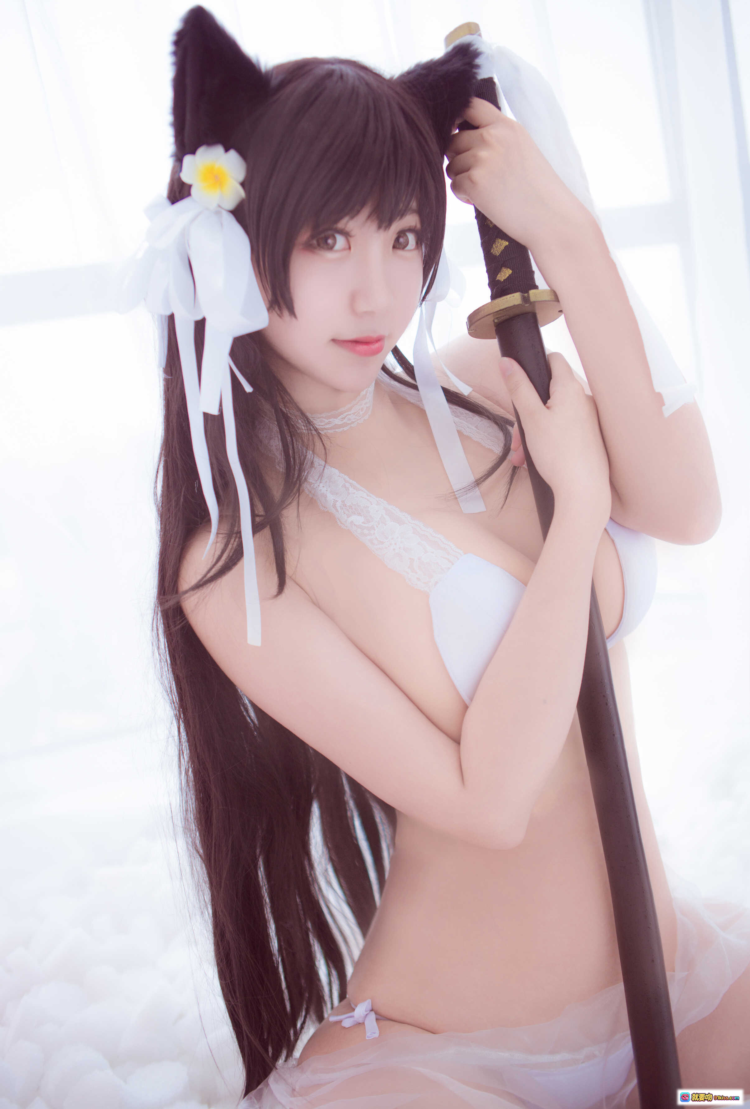 黑川NO.004爱宕泳衣cosplay 猫耳白裙持剑少女写真 15P高清图集 - 就要吻