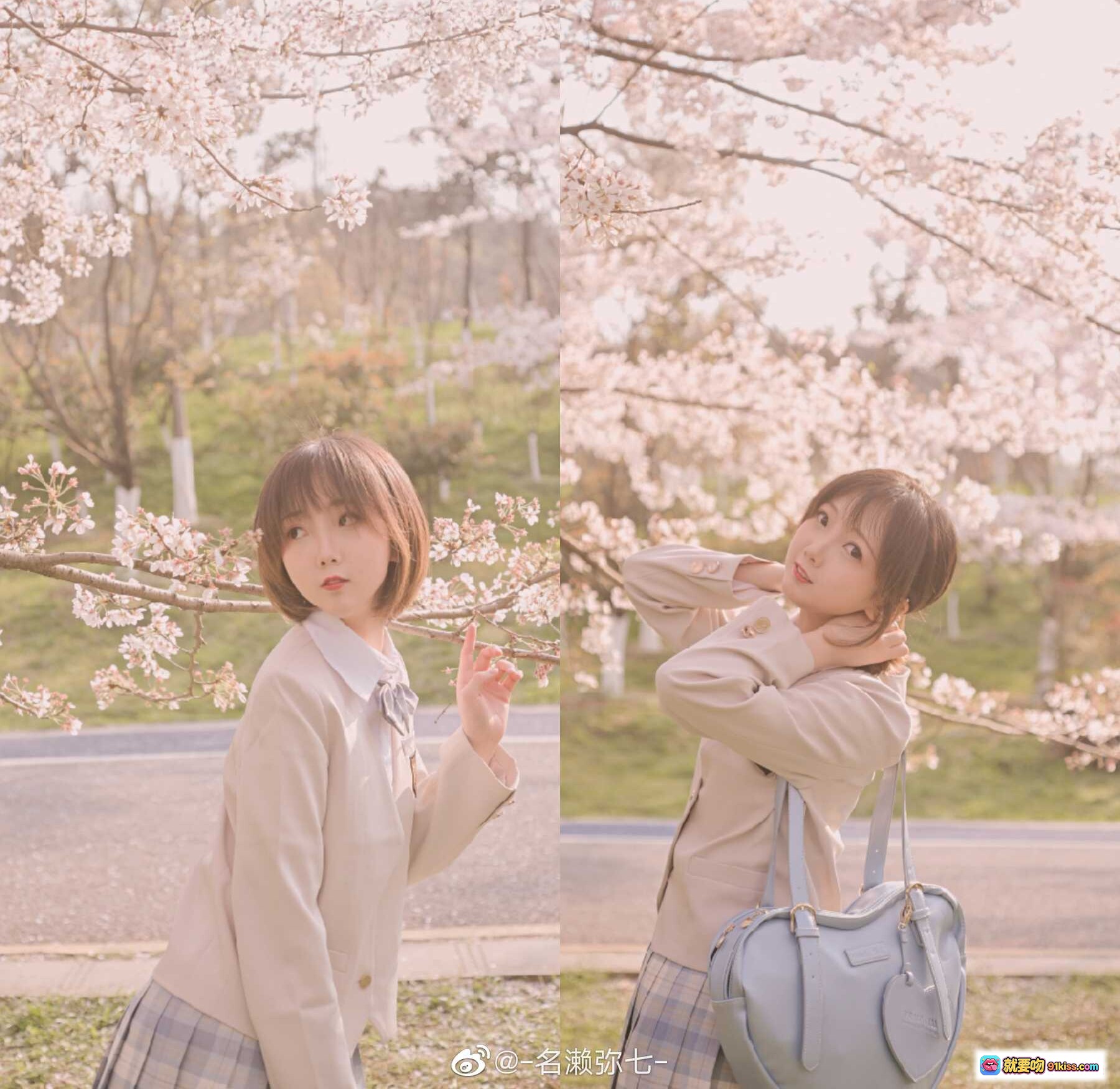 图片[8] - 名濑弥七樱花写真集NO.03 | 粉樱树下少女温柔微笑 | 浅色外套格裙清新穿搭 | 蓝色手提包点缀春日氛围 | 14P高清摄影美图 - 就要吻
