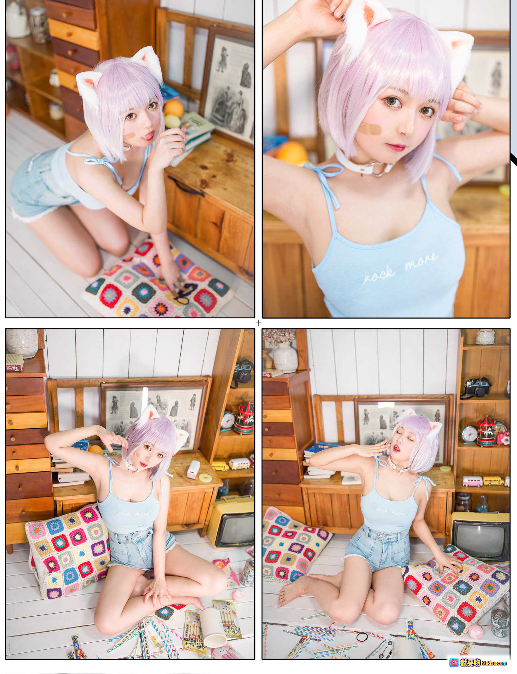 黑猫猫OvO NO.027 养猫小课堂 cosplay 粉发猫耳少女 室内萌系写真 39P高清图集 甜美可爱风 棉麻家居场景 蓝色吊带牛仔短裤 二次元少女穿搭 - 就要吻