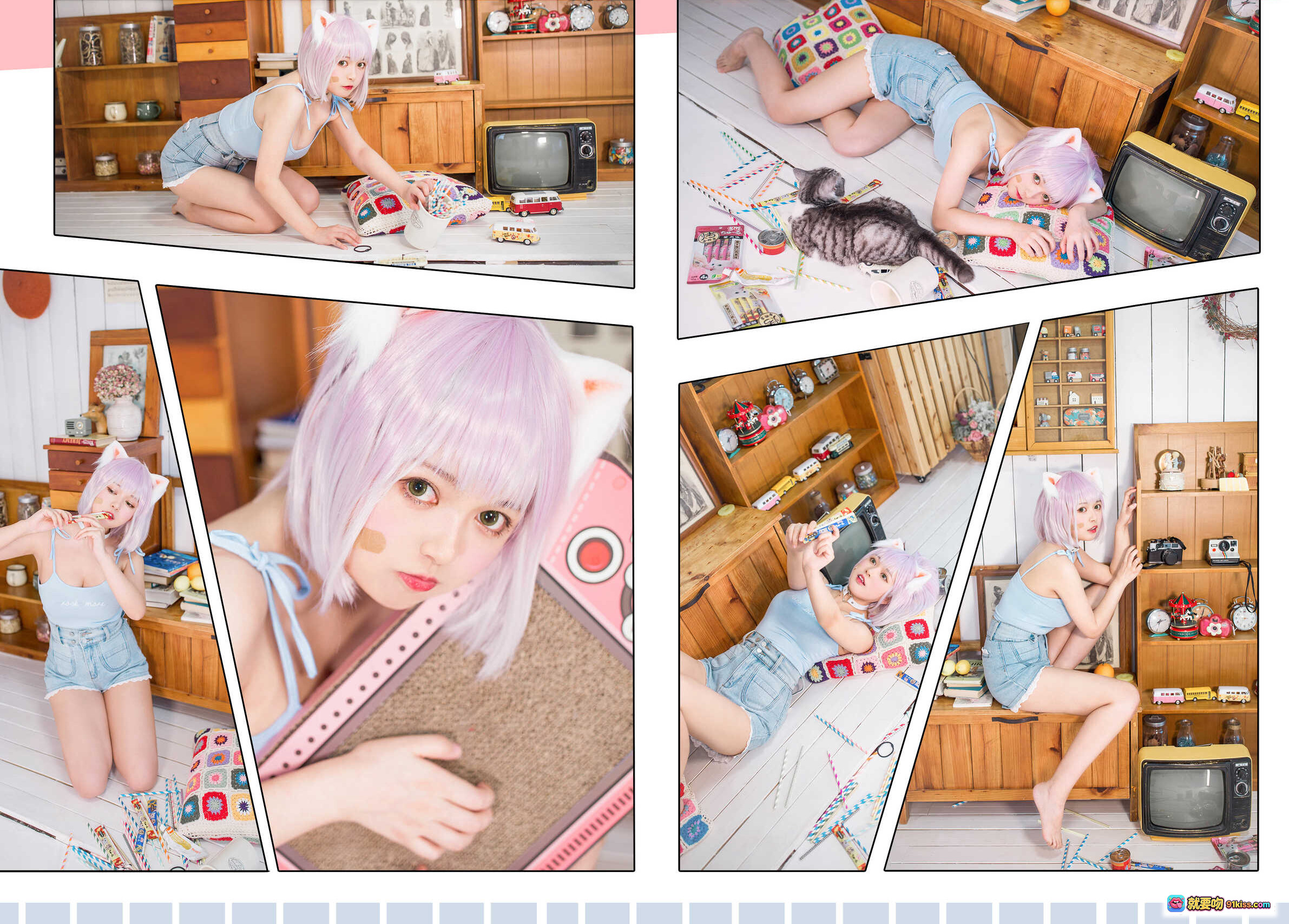 图片[2] - 黑猫猫OvO NO.027 养猫小课堂 cosplay 粉发猫耳少女 室内萌系写真 39P高清图集 甜美可爱风 棉麻家居场景 蓝色吊带牛仔短裤 二次元少女穿搭 - 就要吻