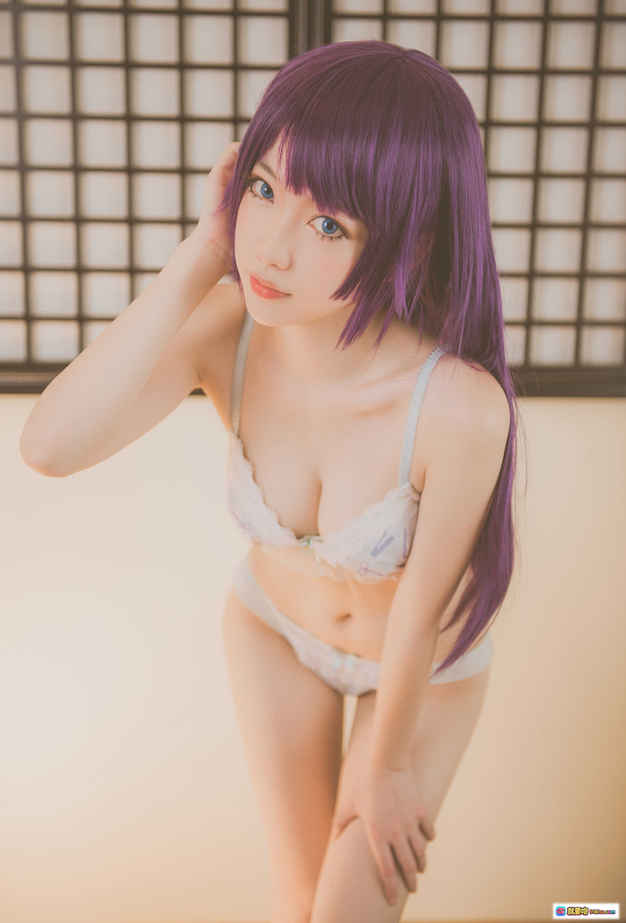 图片[1] - NO.024 妖少you1战场原黑仪紫发cos写真 白色蕾丝内衣日系和风背景性感可爱少女风 - 就要吻
