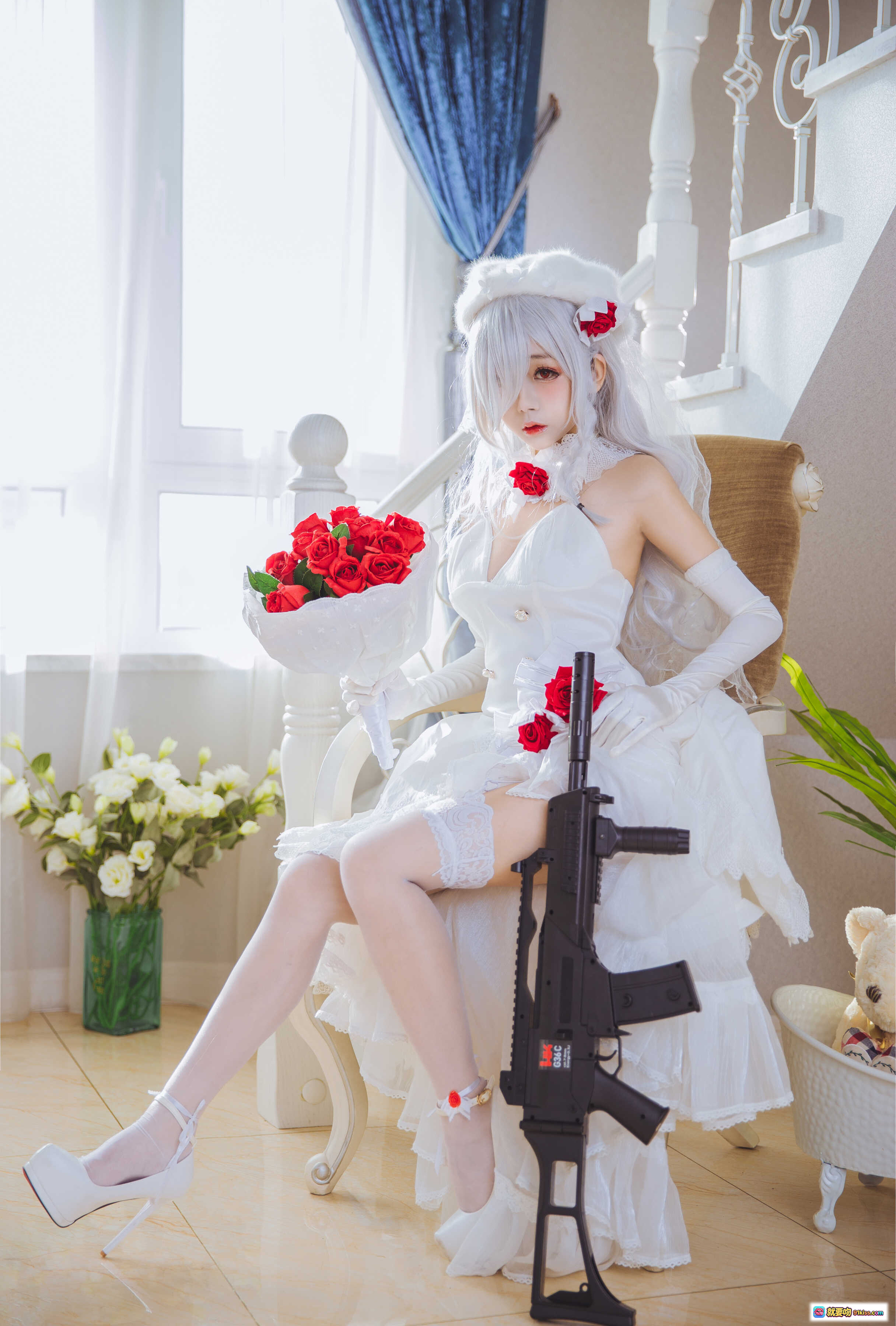 图片[5] - 日奈娇NO.006 G36C礼服Cosplay 白色婚纱红玫瑰持枪美少女 40P高清写真 - 就要吻