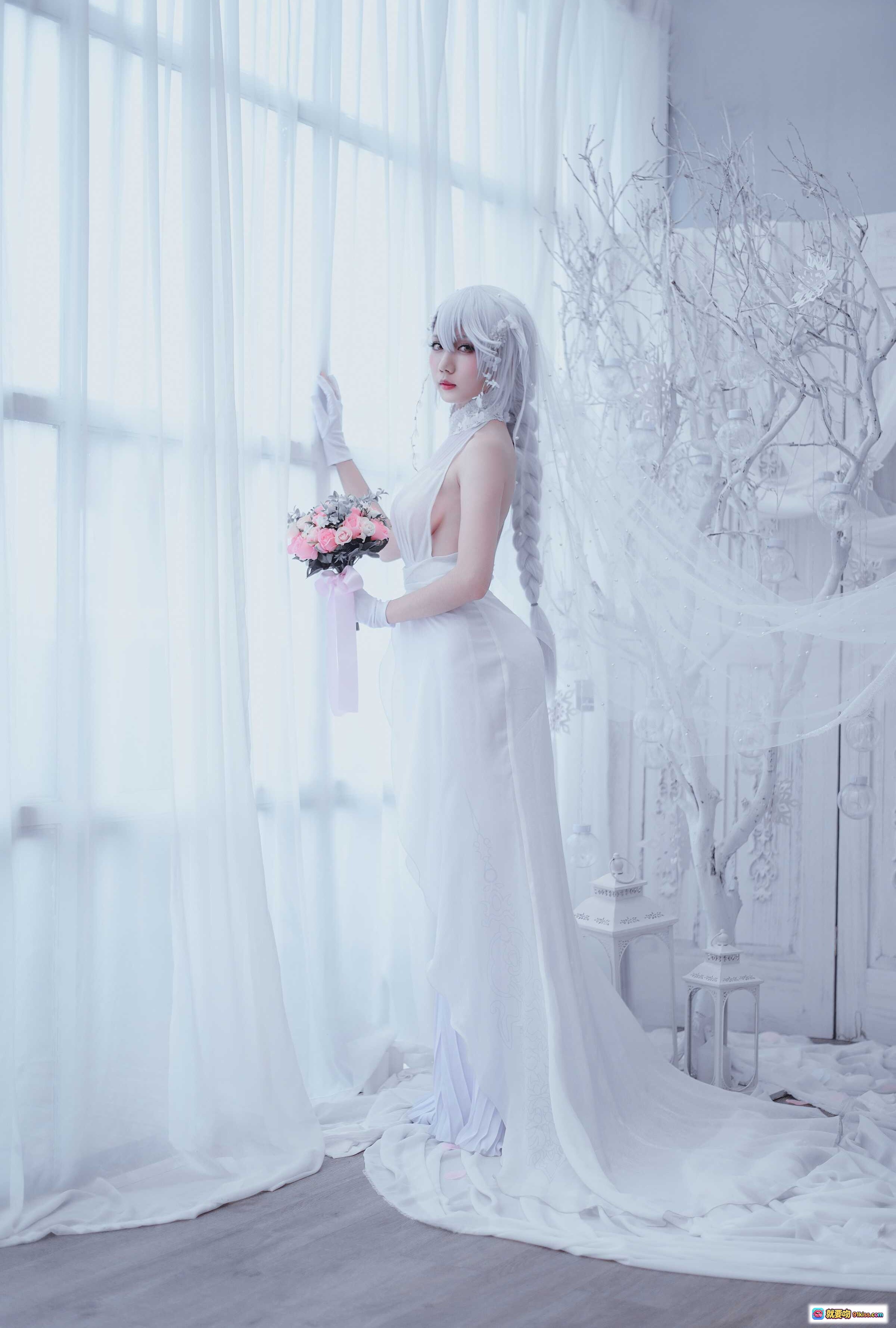 图片[4] - 迷失人形NO.001猎豹M1新娘写真｜白色蕾丝婚纱+透明薄纱+粉色花束+长手套+梦幻窗景人像摄影 - 就要吻