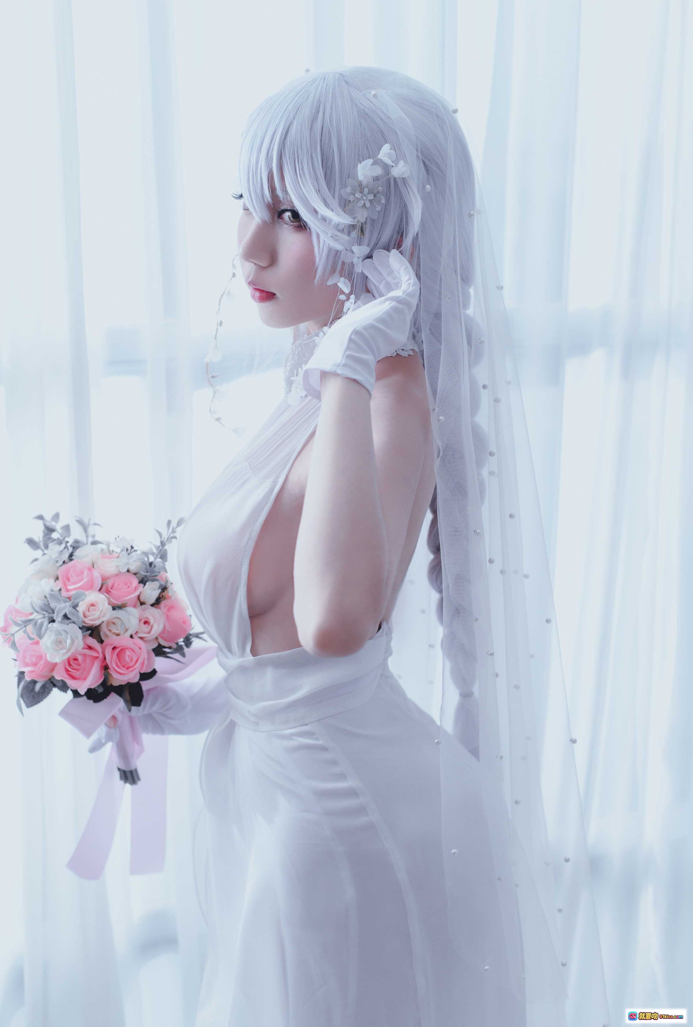 图片[3] - 迷失人形NO.001猎豹M1新娘写真｜白色蕾丝婚纱+透明薄纱+粉色花束+长手套+梦幻窗景人像摄影 - 就要吻