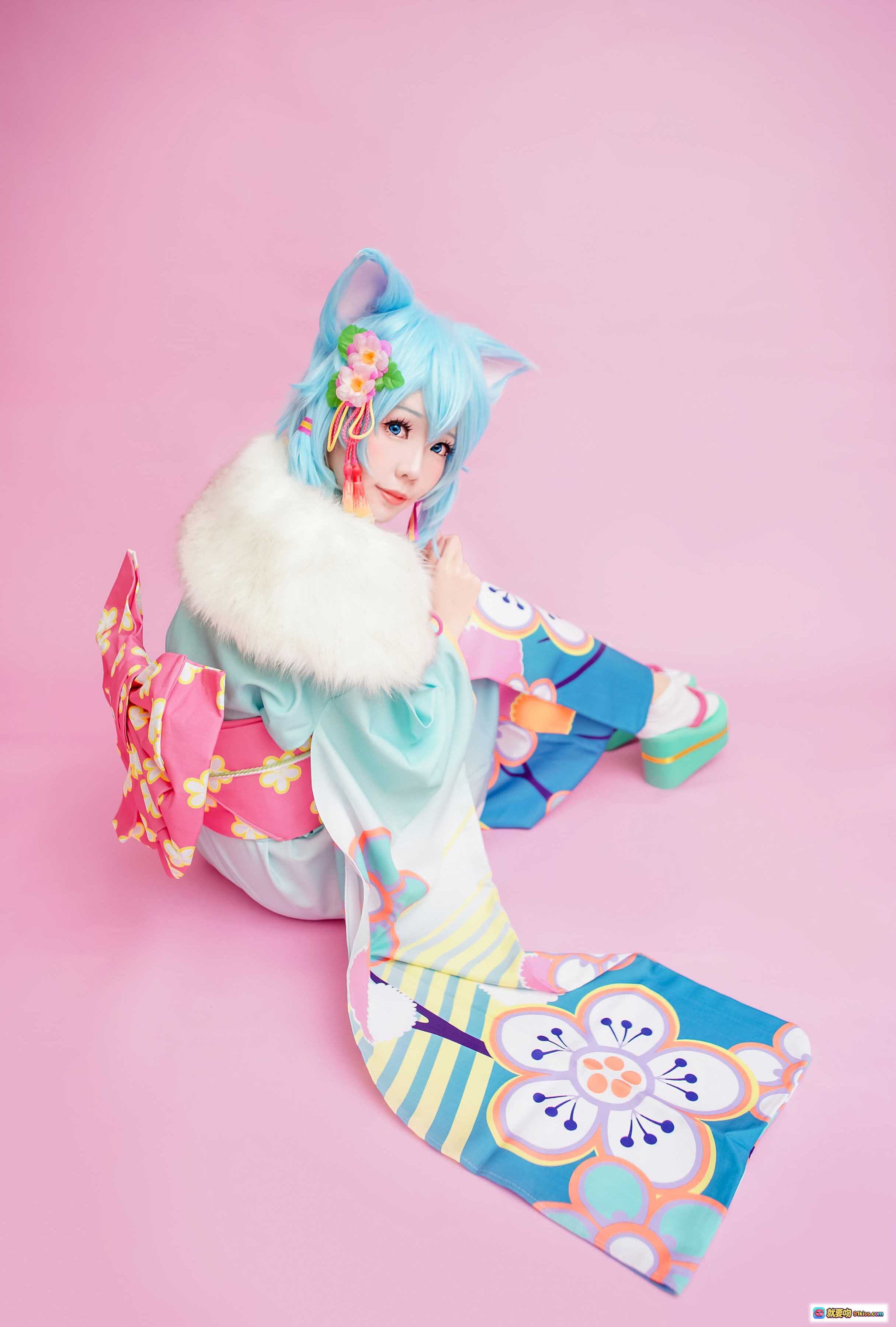 图片[3] - ElyEE子NO.018蓝发猫耳和风Cosplay写真｜日系甜美少女｜彩色花纹浴衣｜粉色背景唯美摆拍 - 就要吻