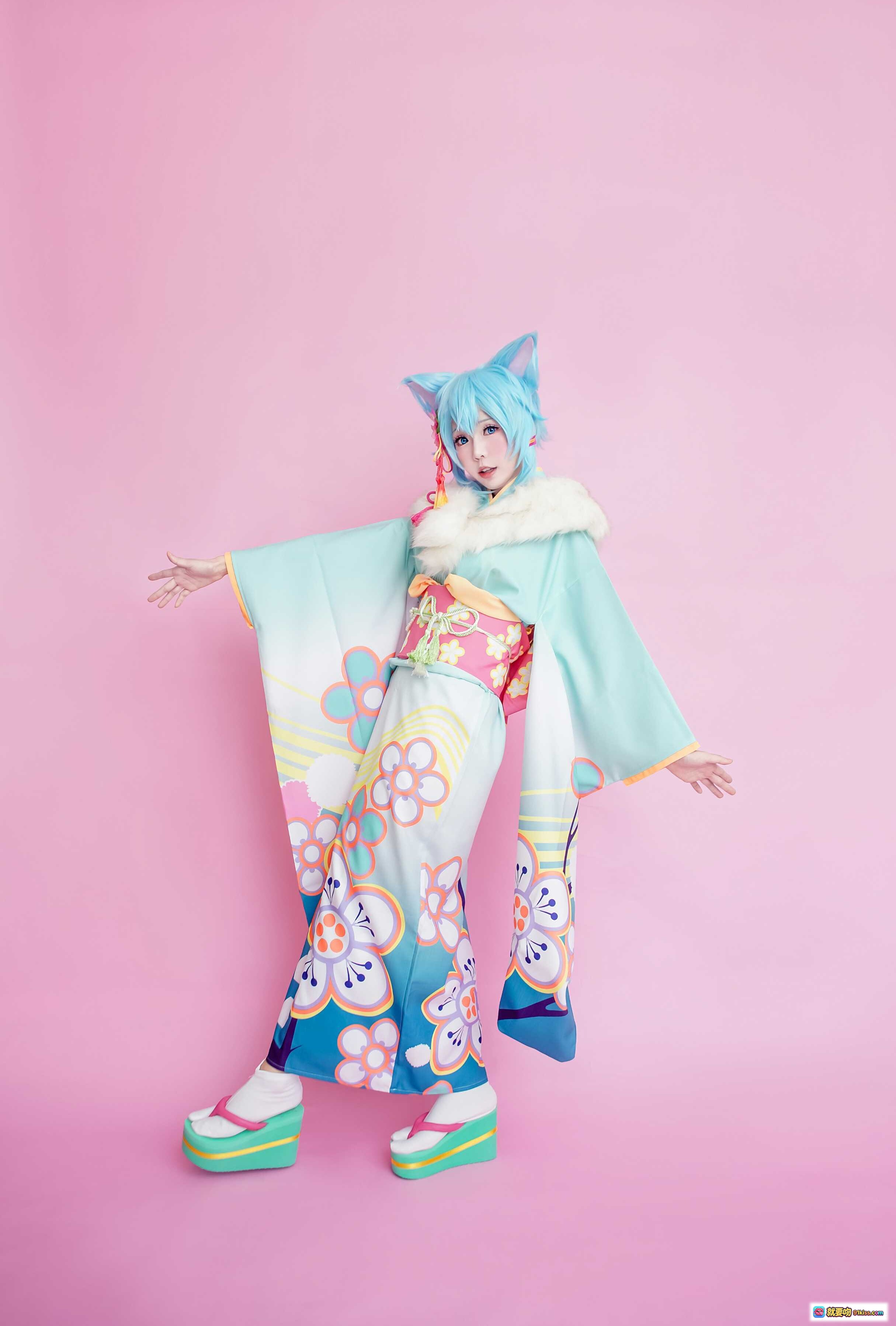 图片[7] - ElyEE子NO.018蓝发猫耳和风Cosplay写真｜日系甜美少女｜彩色花纹浴衣｜粉色背景唯美摆拍 - 就要吻