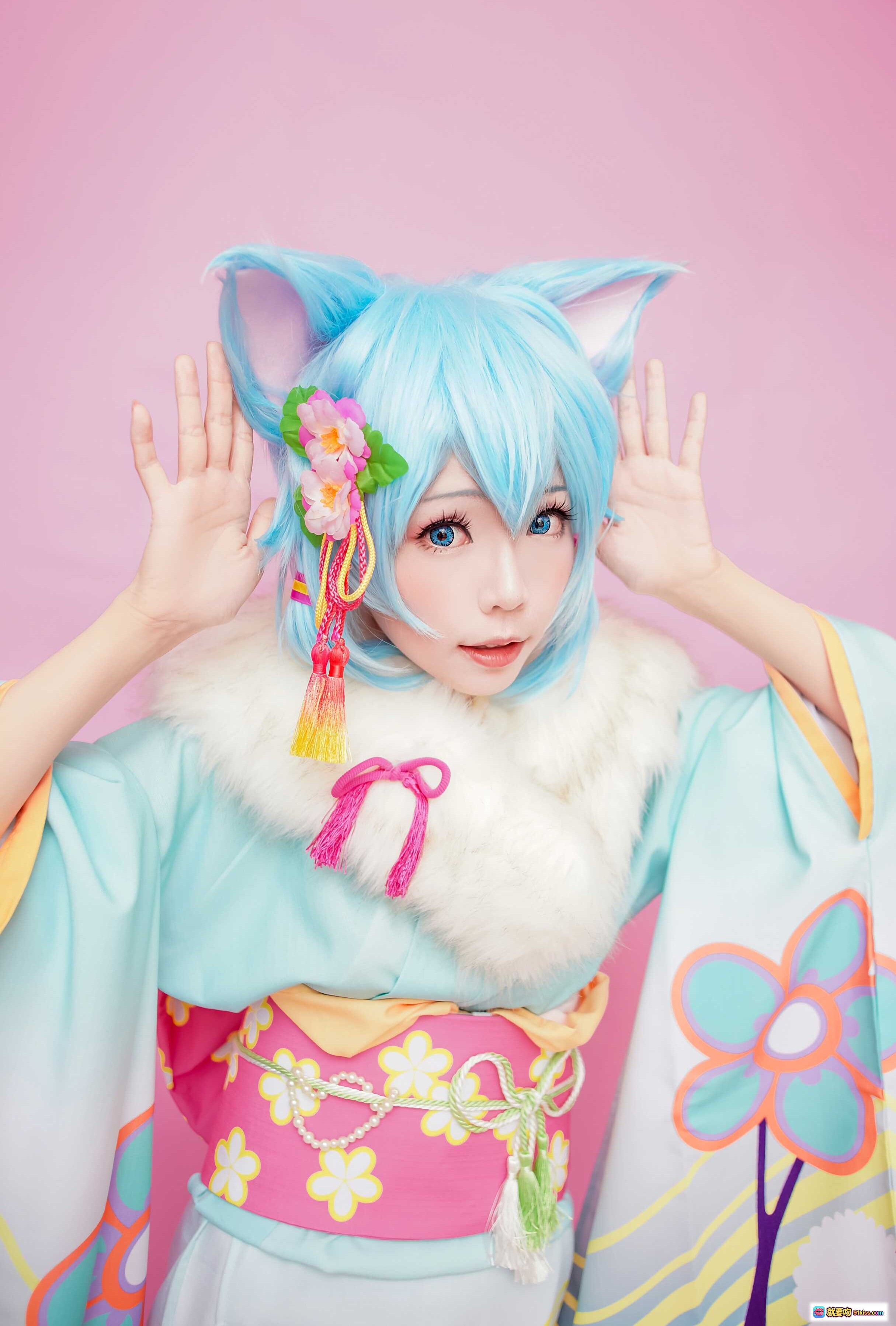 图片[9] - ElyEE子NO.018蓝发猫耳和风Cosplay写真｜日系甜美少女｜彩色花纹浴衣｜粉色背景唯美摆拍 - 就要吻