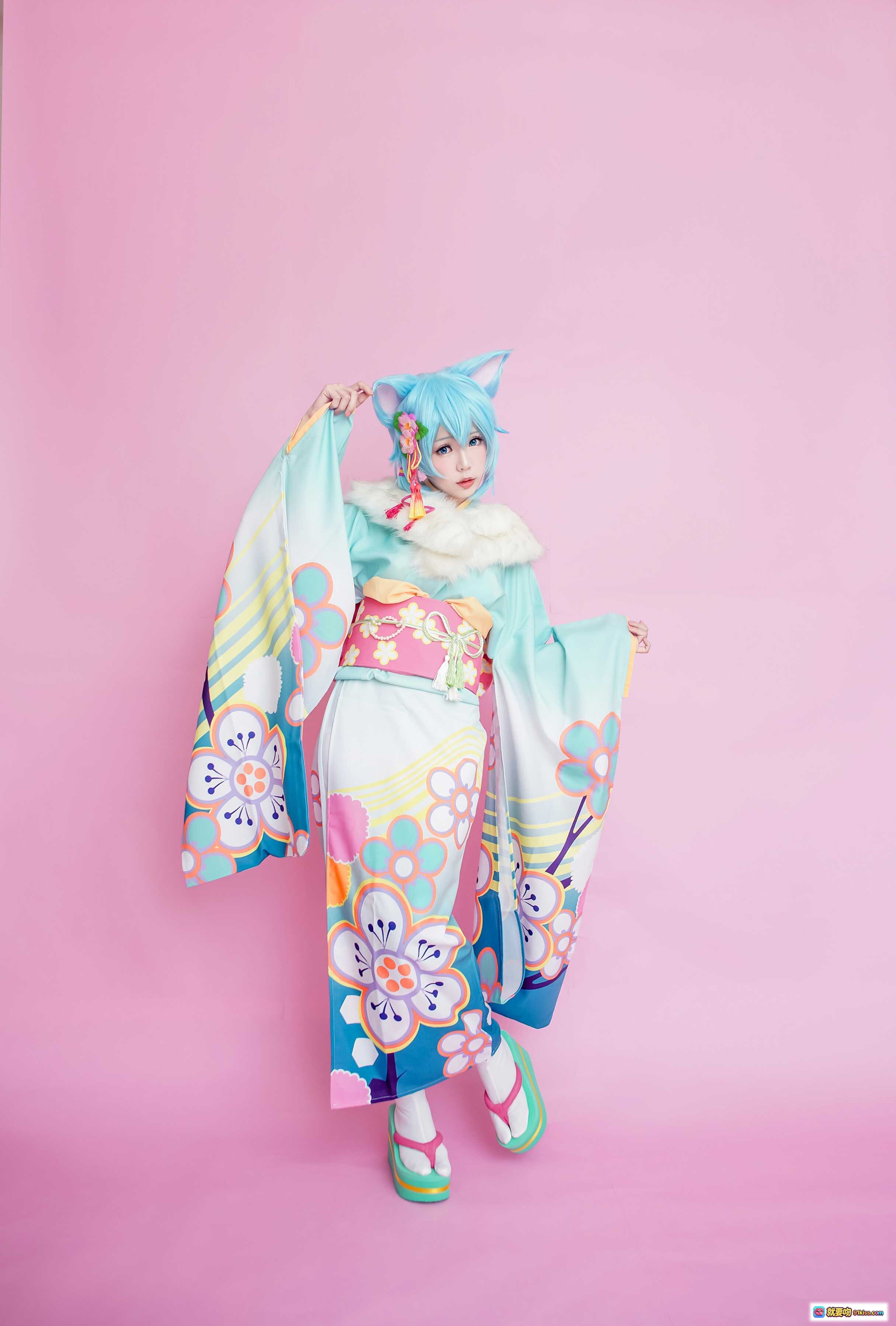 图片[8] - ElyEE子NO.018蓝发猫耳和风Cosplay写真｜日系甜美少女｜彩色花纹浴衣｜粉色背景唯美摆拍 - 就要吻