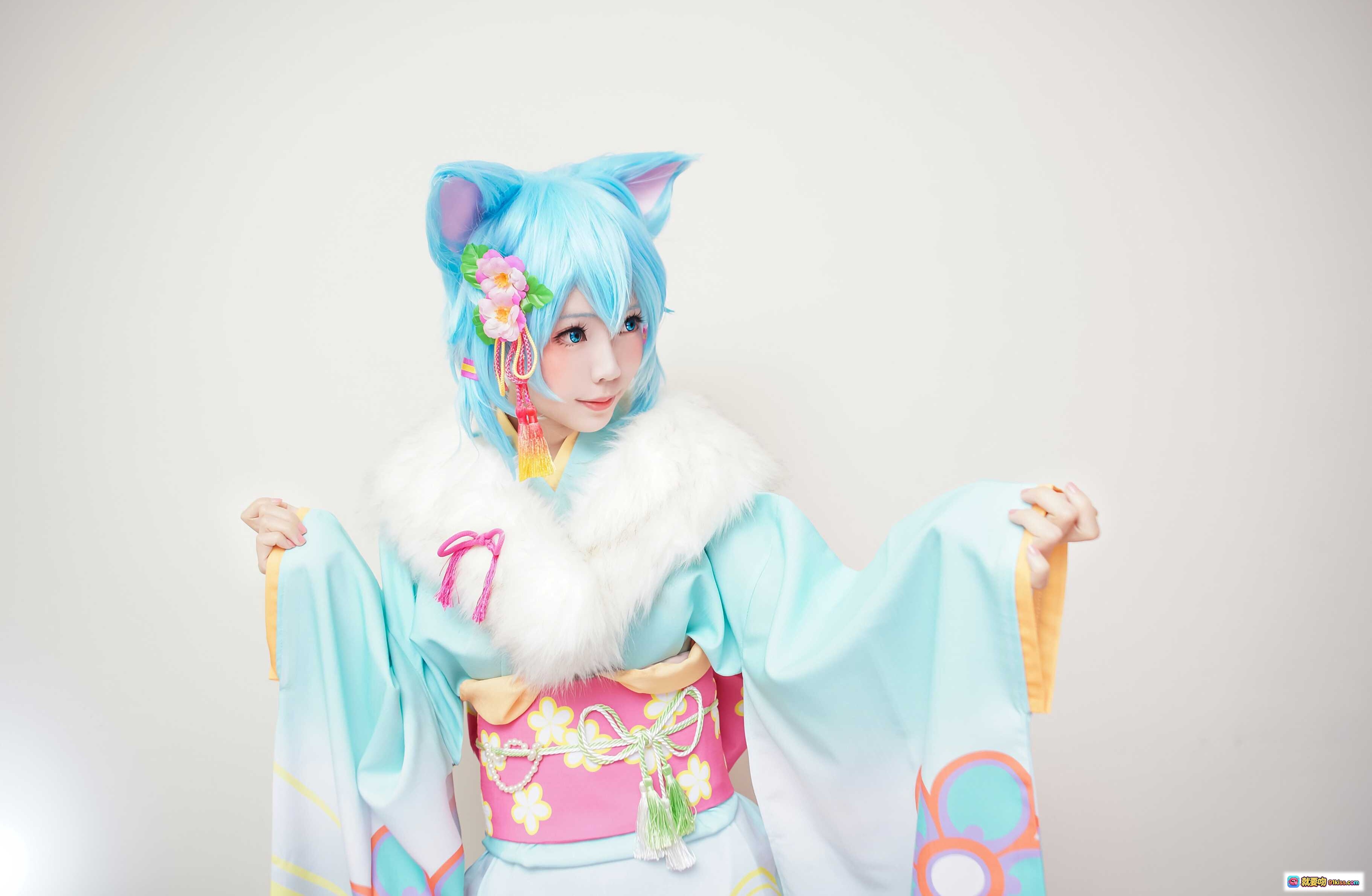 图片[2] - ElyEE子NO.018蓝发猫耳和风Cosplay写真｜日系甜美少女｜彩色花纹浴衣｜粉色背景唯美摆拍 - 就要吻