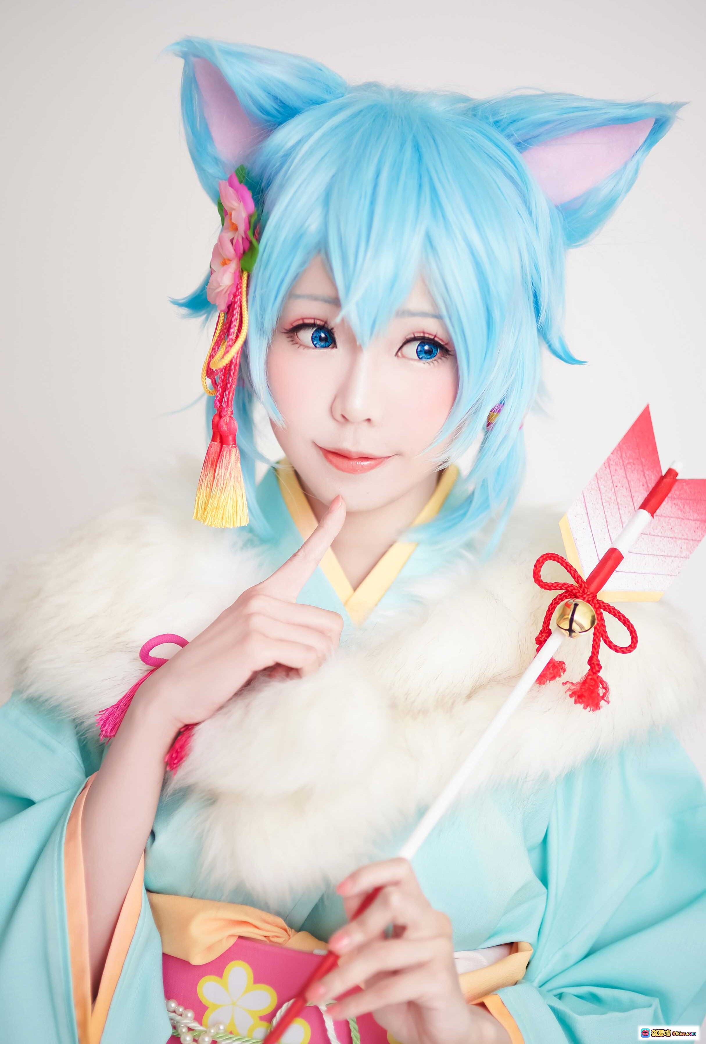 图片[10] - ElyEE子NO.018蓝发猫耳和风Cosplay写真｜日系甜美少女｜彩色花纹浴衣｜粉色背景唯美摆拍 - 就要吻